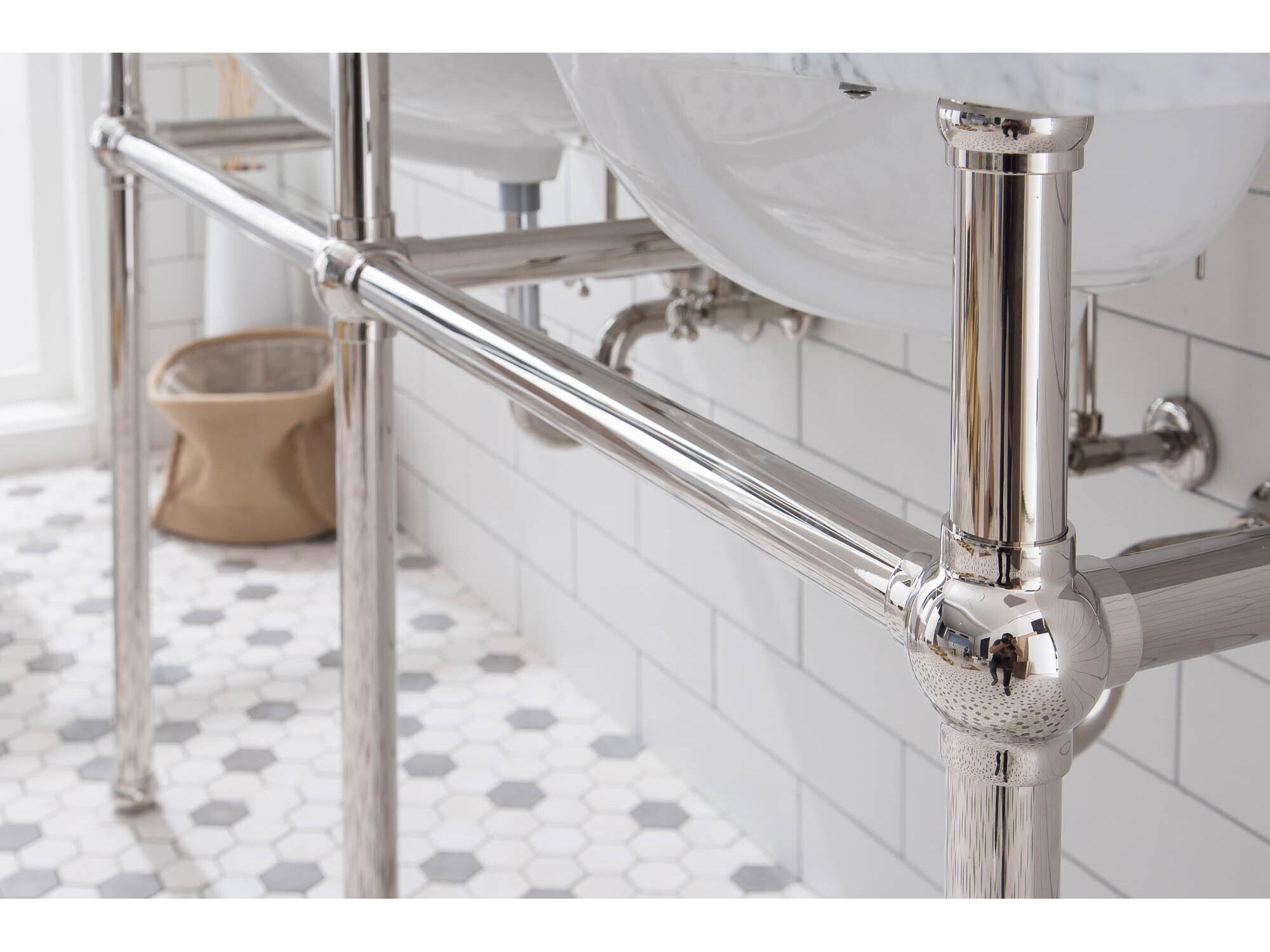 Water Creation Embassy Double Wash Stand, P-Trap, Carrara White Marble Countertop with Oval Basins, Hook Faucets and Rectangular Pivot Mirrors in Polished Nickel (PVD) Finish