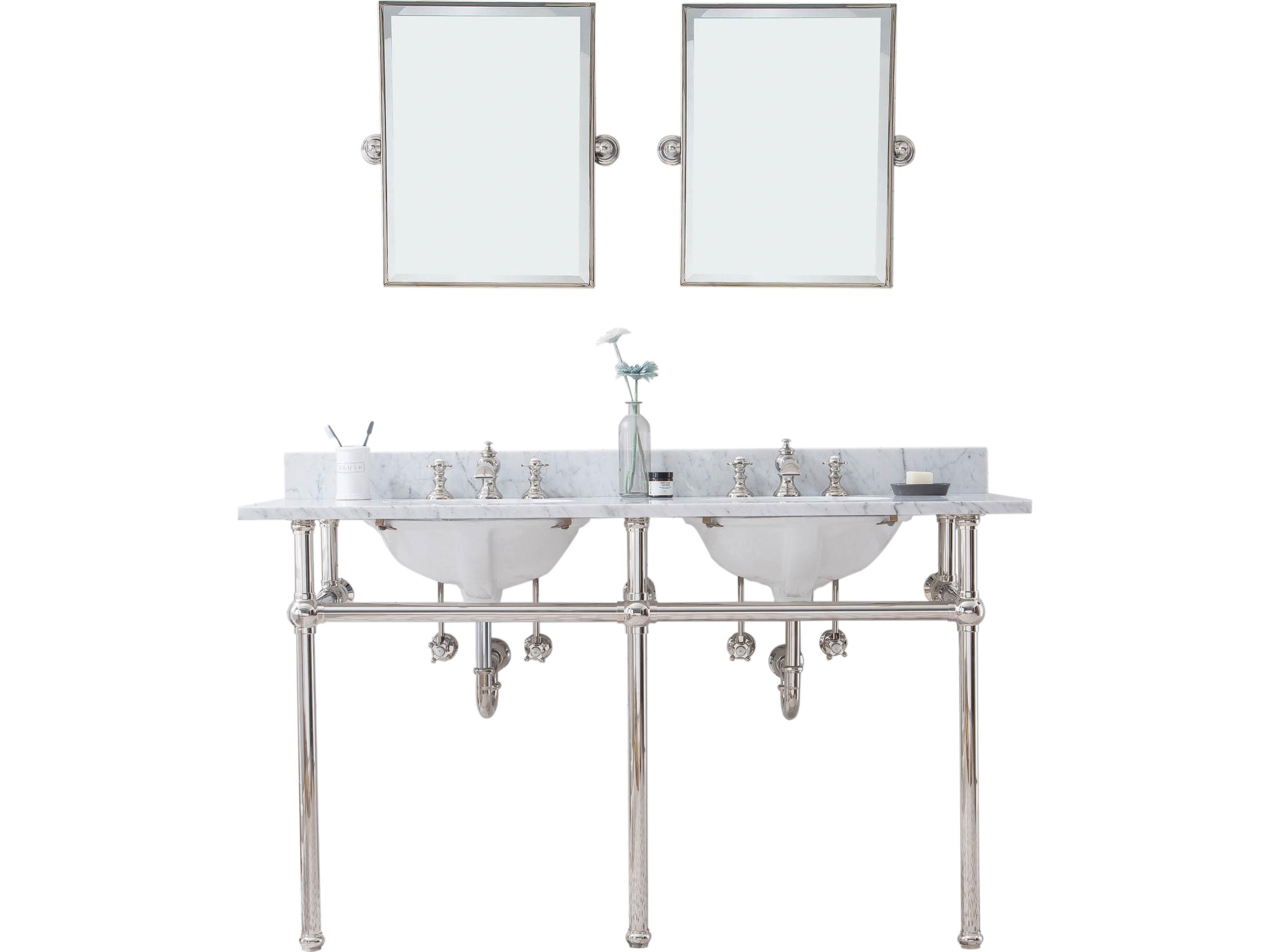 Water Creation Embassy Double Wash Stand, P-Trap, Carrara White Marble Countertop with Oval Basins, Waterfall Faucets and Rectangular Pivot Mirrors in Polished Nickel (PVD) Finish