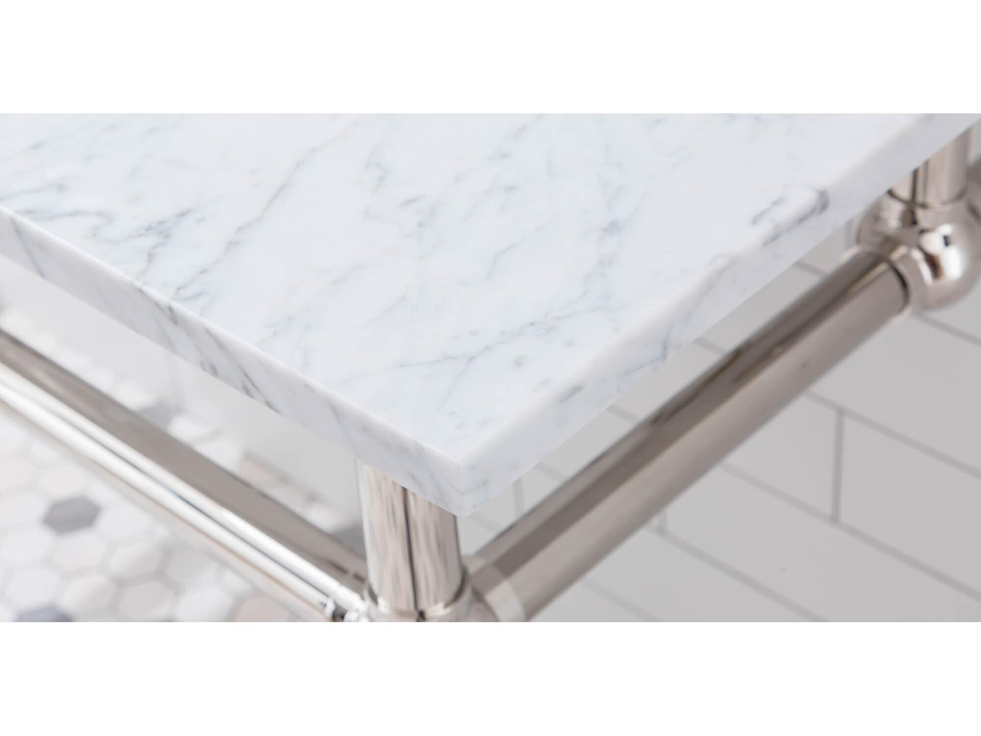 Water Creation Embassy Double Wash Stand, P-Trap, Carrara White Marble Countertop with Oval Basins, Waterfall Faucets and Rectangular Pivot Mirrors in Polished Nickel (PVD) Finish