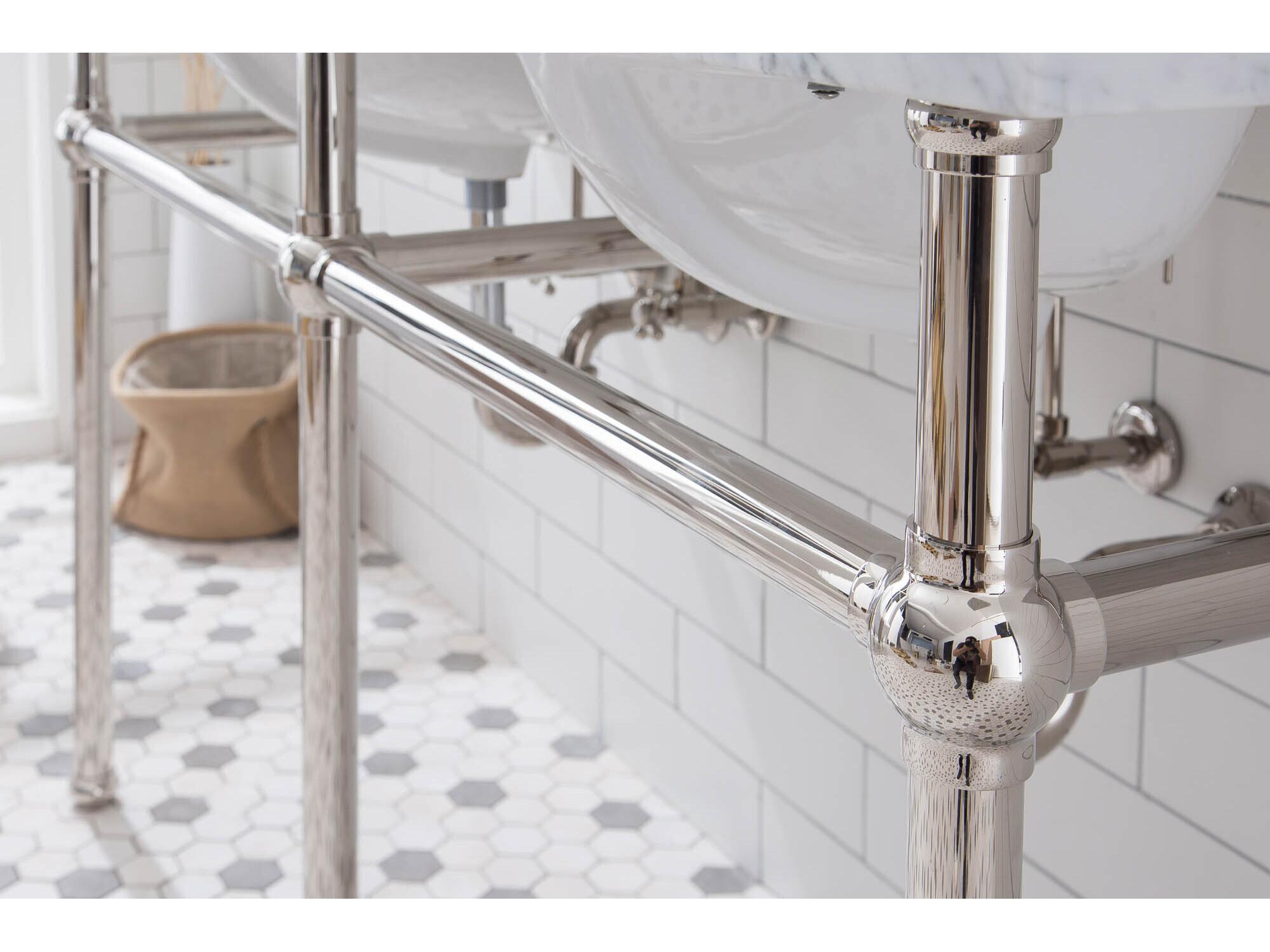 Water Creation Embassy Double Wash Stand, P-Trap, Carrara White Marble Countertop with Oval Basins, Waterfall Faucets and Rectangular Pivot Mirrors in Polished Nickel (PVD) Finish