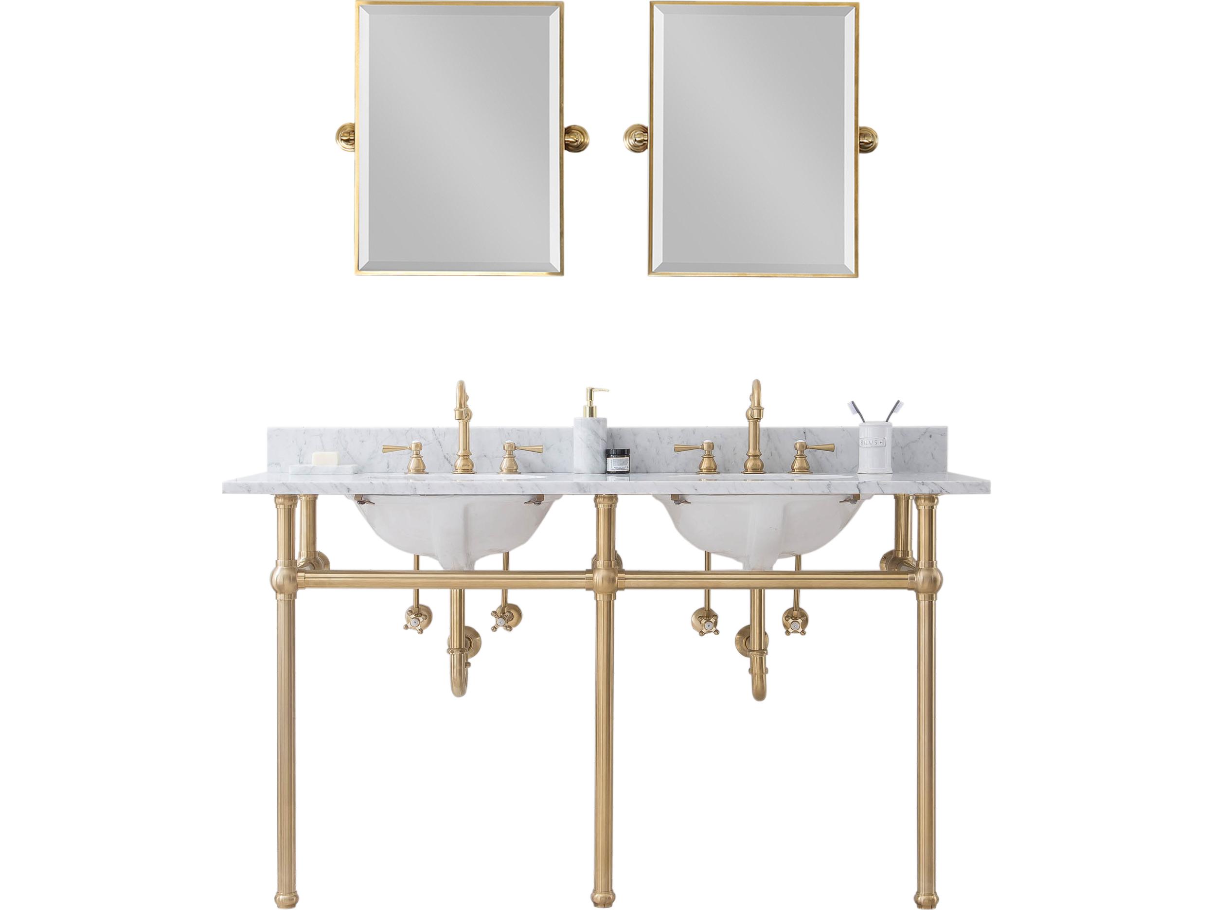 Water Creation Embassy Double Wash Stand, P-Trap, Carrara White Marble Countertop with Oval Basins, Hook Faucets and Rectangular Mirrors in Satin Gold Finish