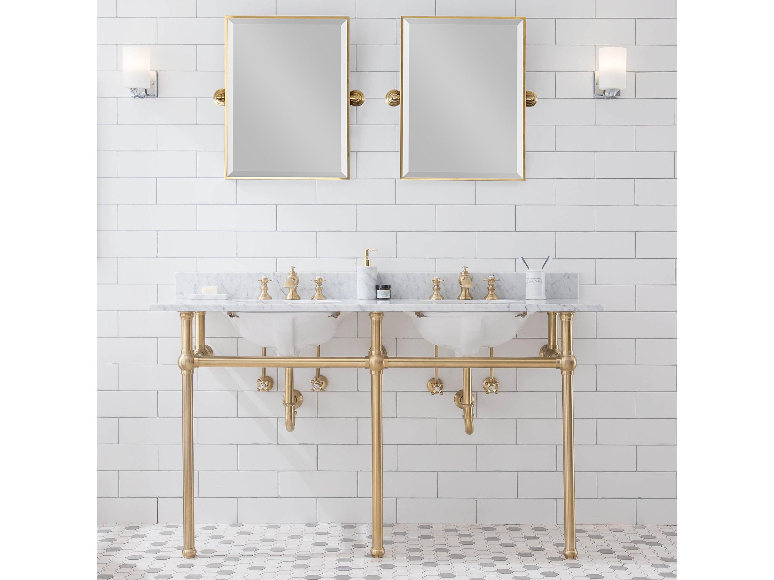 Water Creation Embassy Double Wash Stand, P-Trap, Carrara White Marble Countertop with Oval Basins, Waterfall Faucets and Rectangular Pivot Mirrors in Satin Gold Finish