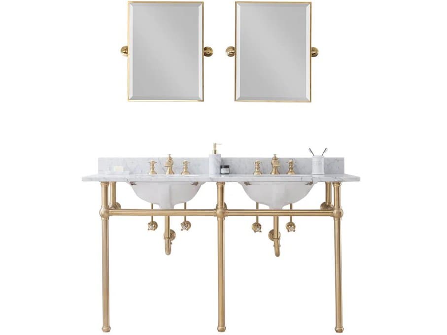 Water Creation Embassy Double Wash Stand, P-Trap, Carrara White Marble Countertop with Oval Basins, Waterfall Faucets and Rectangular Pivot Mirrors in Satin Gold Finish
