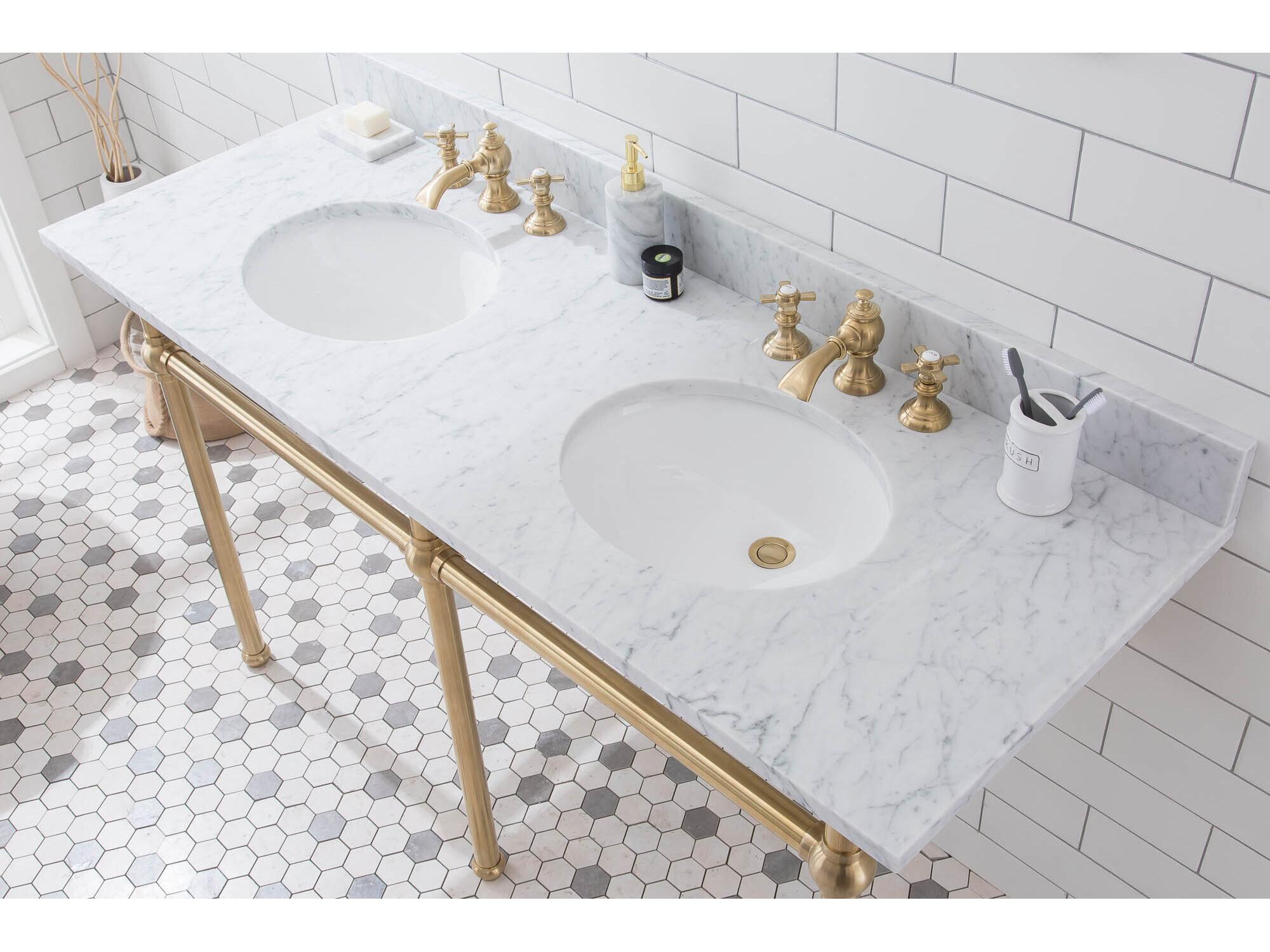 Water Creation Embassy Double Wash Stand, P-Trap, Carrara White Marble Countertop with Oval Basins, Waterfall Faucets and Rectangular Pivot Mirrors in Satin Gold Finish