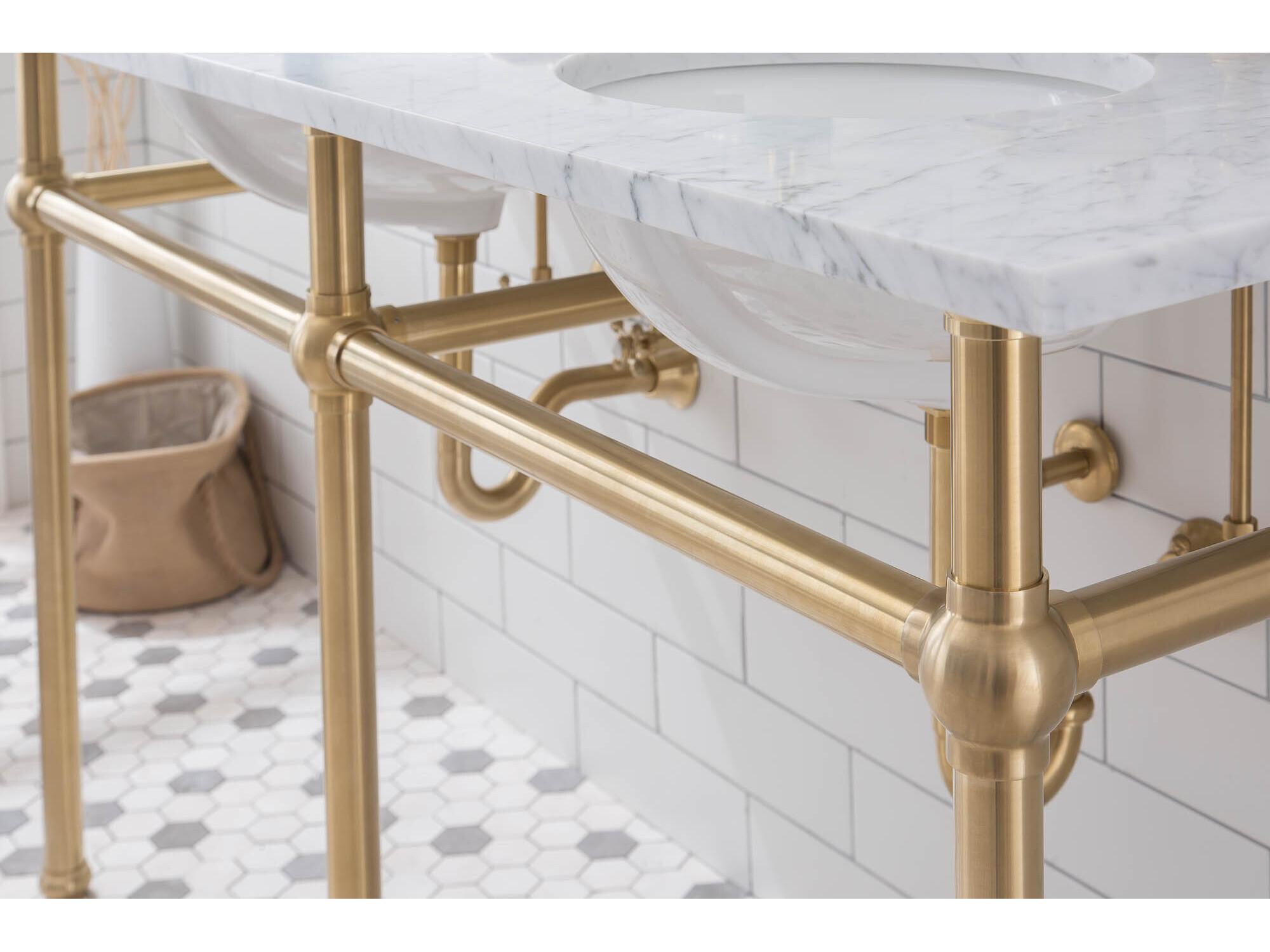 Water Creation Embassy Double Wash Stand, P-Trap, Carrara White Marble Countertop with Oval Basins, Waterfall Faucets and Rectangular Pivot Mirrors in Satin Gold Finish