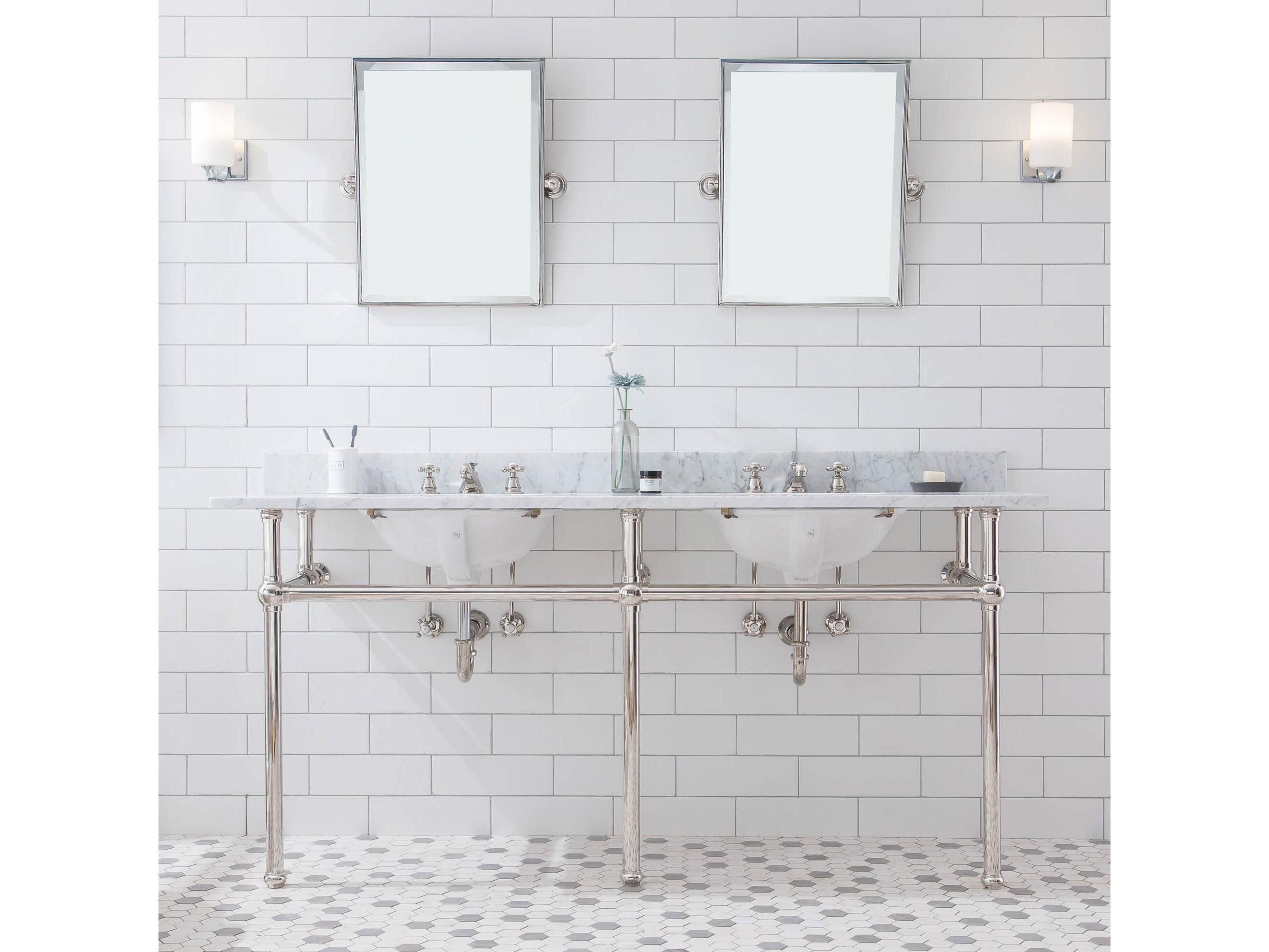 Water Creation Embassy Double Wash Stand, P-Trap, and Carrara White Marble Countertop with Oval Basins in Polished Nickel Finish