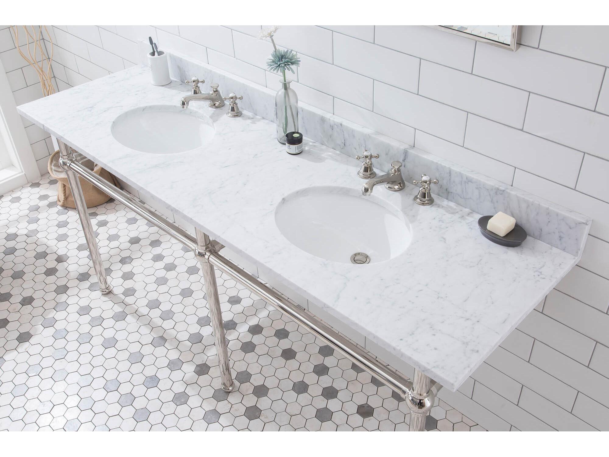 Water Creation Embassy Double Wash Stand, P-Trap, and Carrara White Marble Countertop with Oval Basins in Polished Nickel Finish
