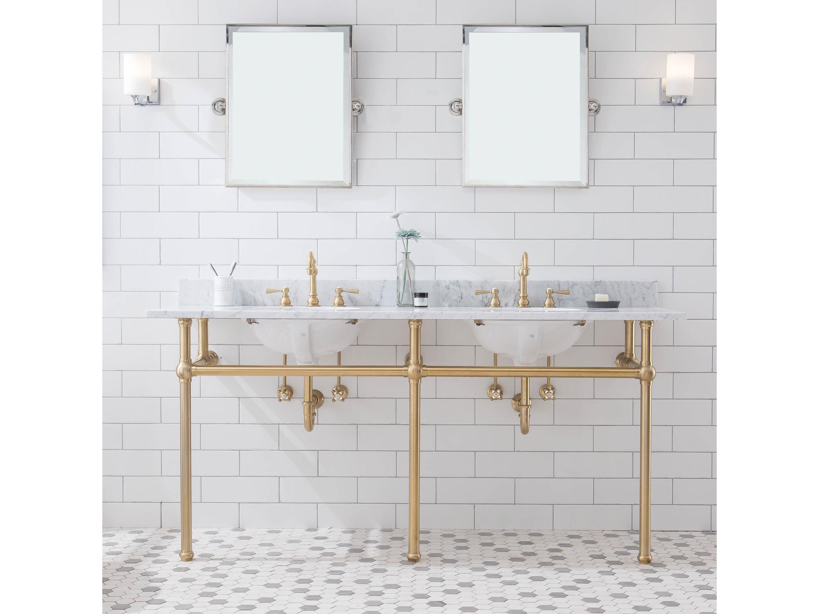 Water Creation Embassy Double Wash Stand, P-Trap, and Carrara White Marble Countertop with Oval Basins in Satin Gold Finish