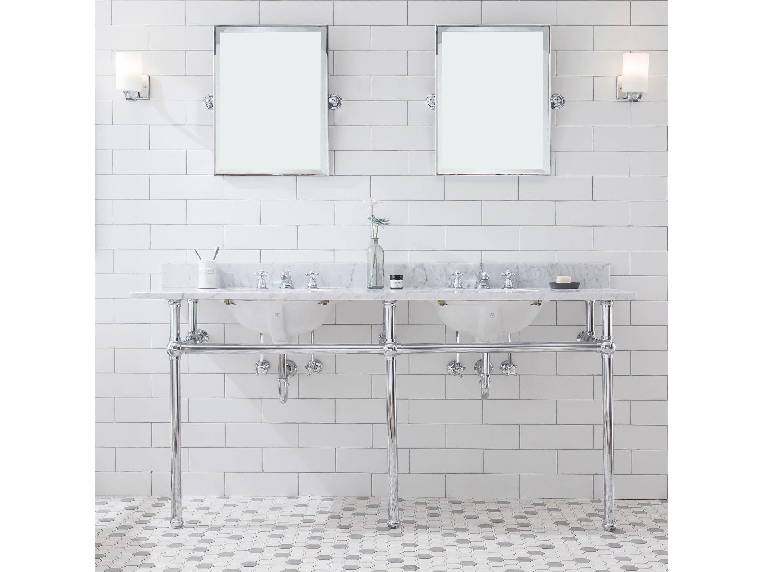 Water Creation Embassy Double Wash Stand, P-Trap, Carrara White Marble Countertop with Oval Basins, and Classic Faucets in Chrome Finish