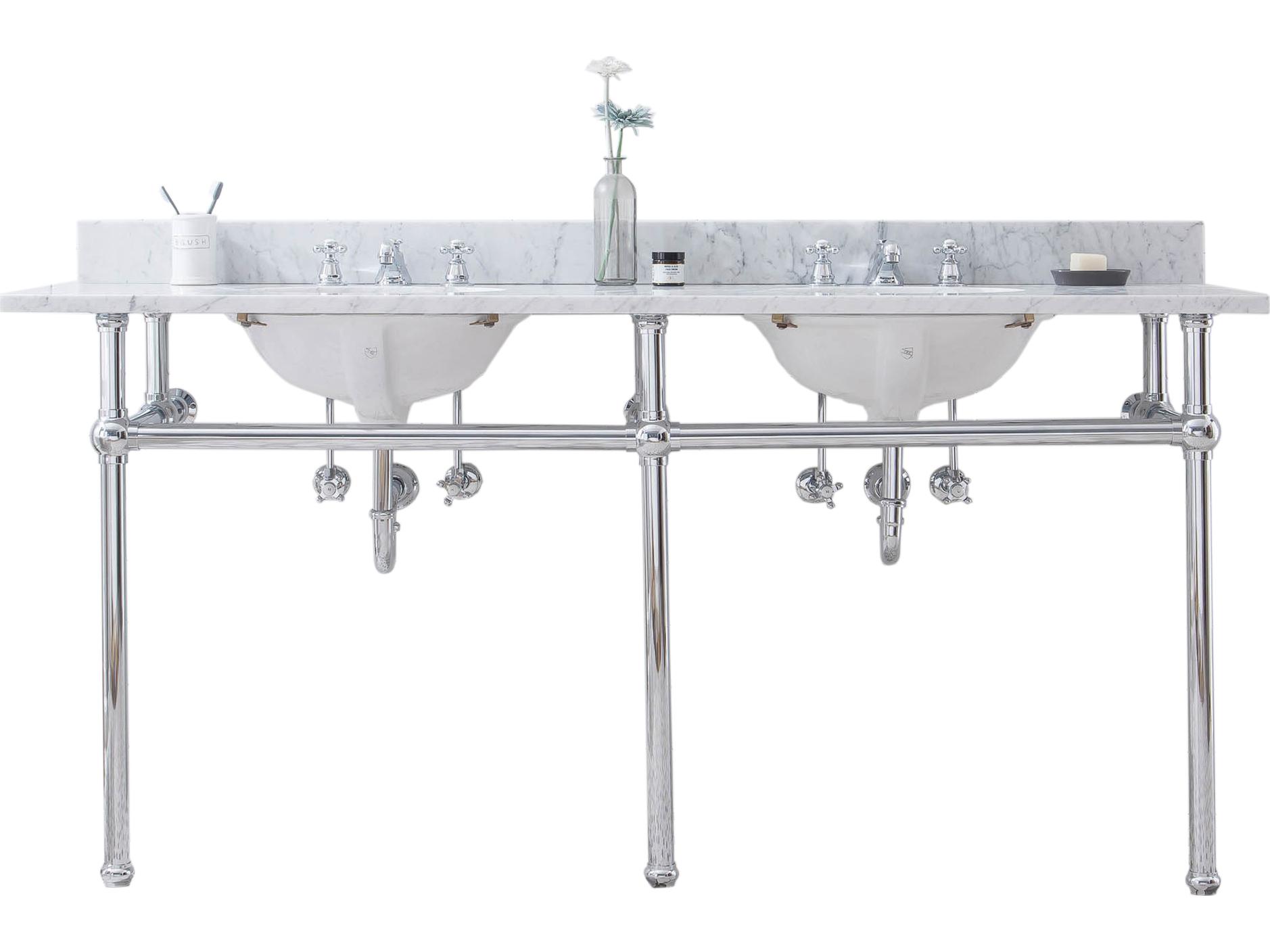 Water Creation Embassy Double Wash Stand, P-Trap, Carrara White Marble Countertop with Oval Basins, and Classic Faucets in Chrome Finish