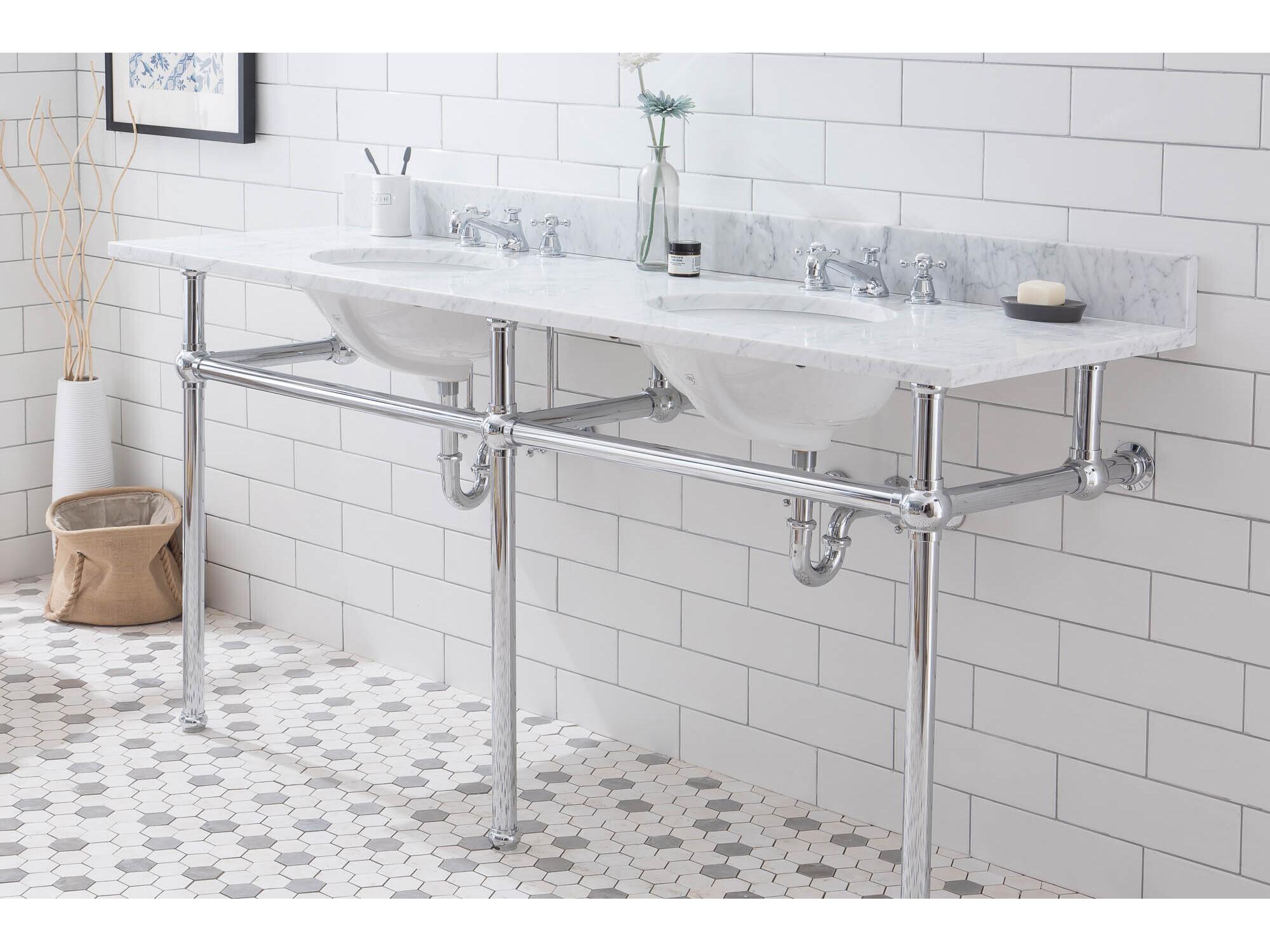 Water Creation Embassy Double Wash Stand, P-Trap, Carrara White Marble Countertop with Oval Basins, and Classic Faucets in Chrome Finish