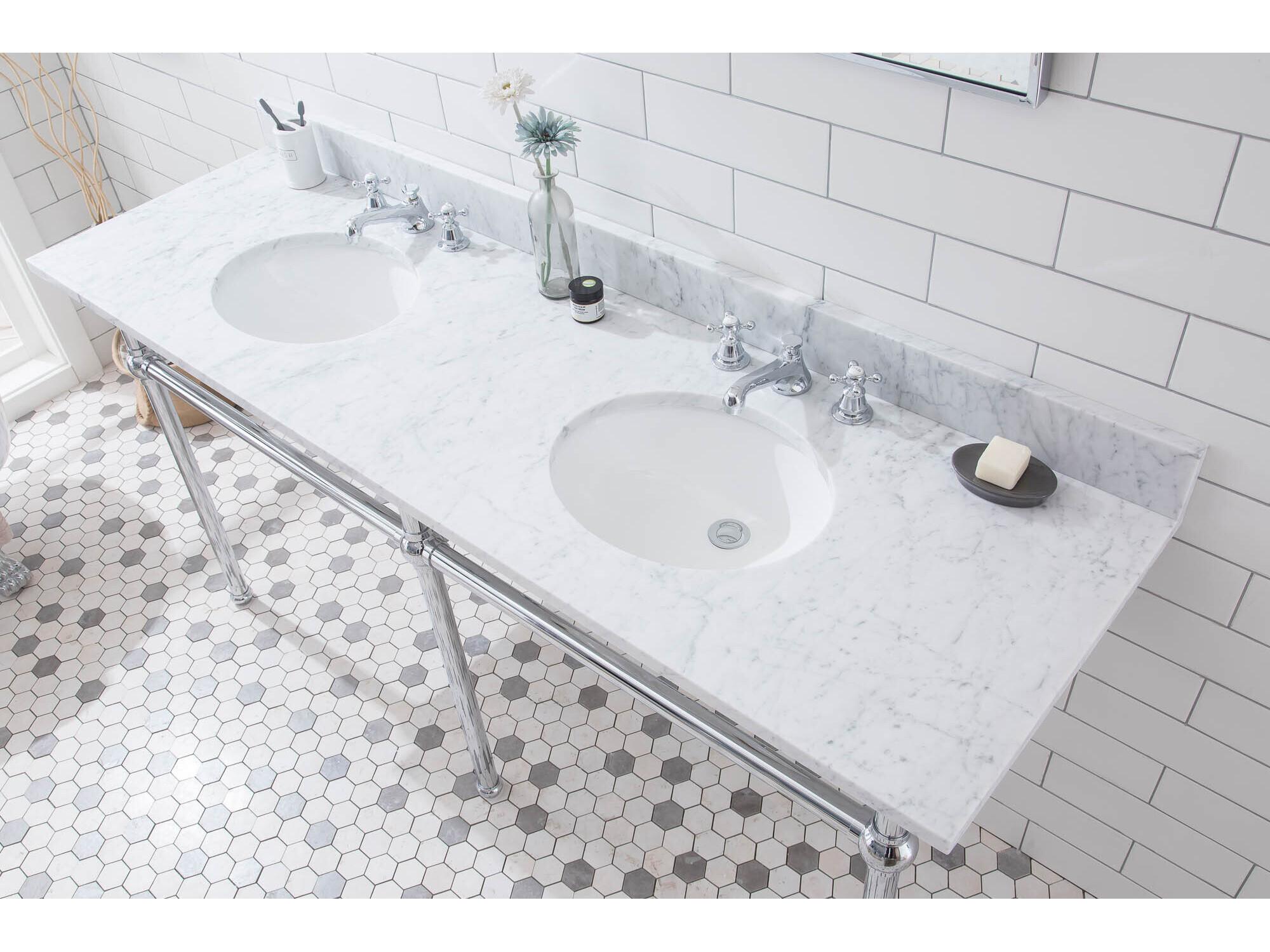 Water Creation Embassy Double Wash Stand, P-Trap, Carrara White Marble Countertop with Oval Basins, and Classic Faucets in Chrome Finish