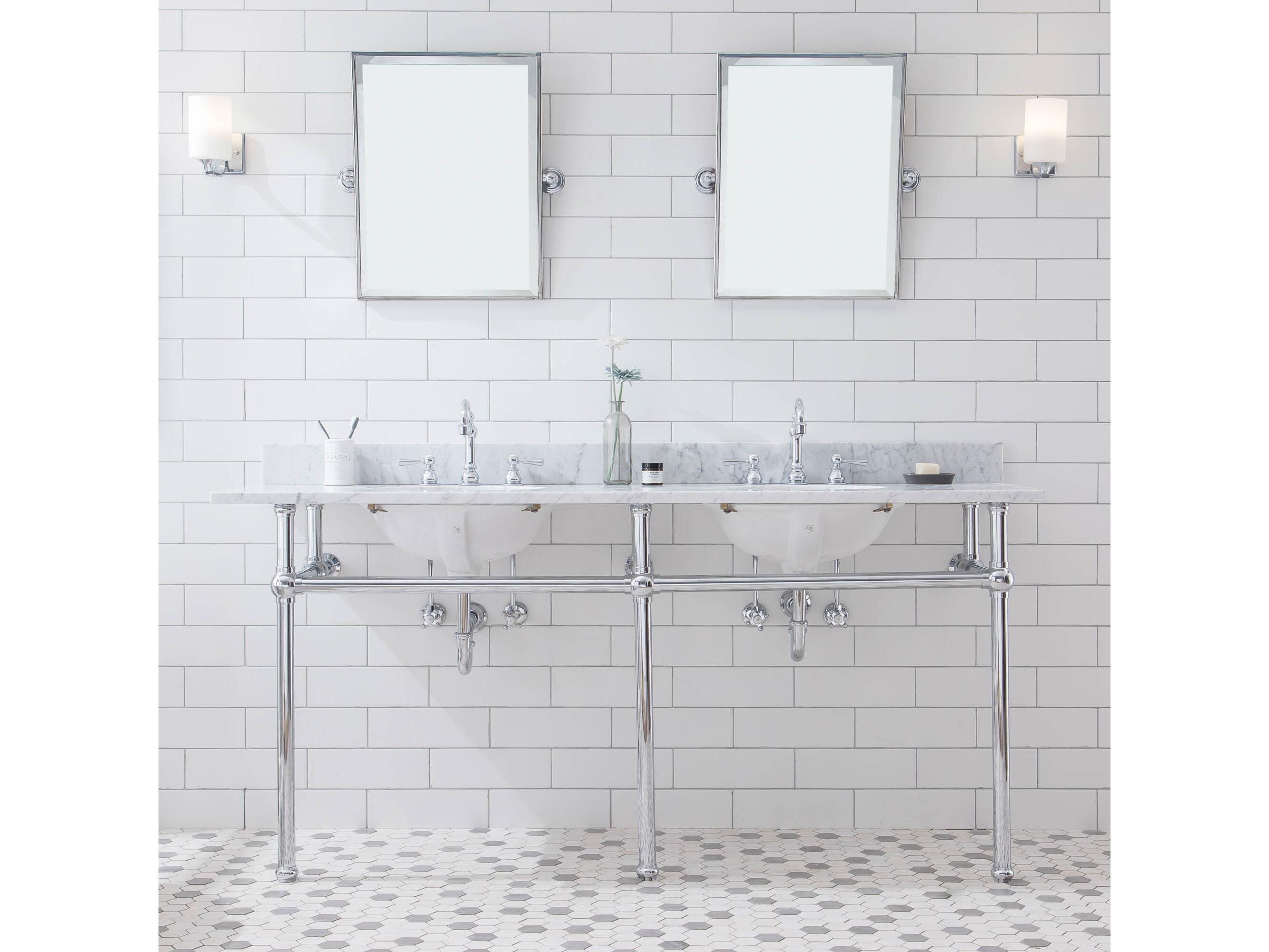Water Creation Embassy Double Wash Stand, P-Trap, Carrara White Marble Countertop with Oval Basins, and Hook Faucets in Chrome Finish