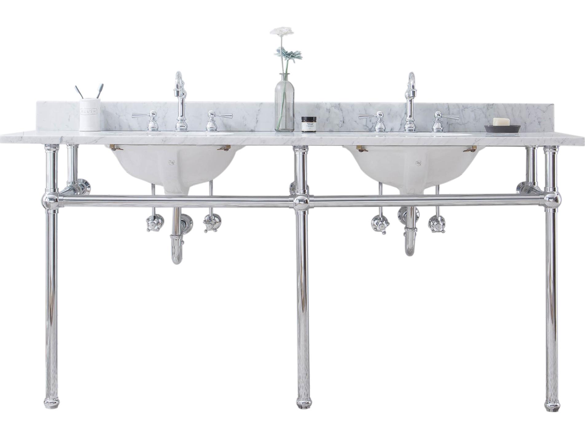 Water Creation Embassy Double Wash Stand, P-Trap, Carrara White Marble Countertop with Oval Basins, and Hook Faucets in Chrome Finish