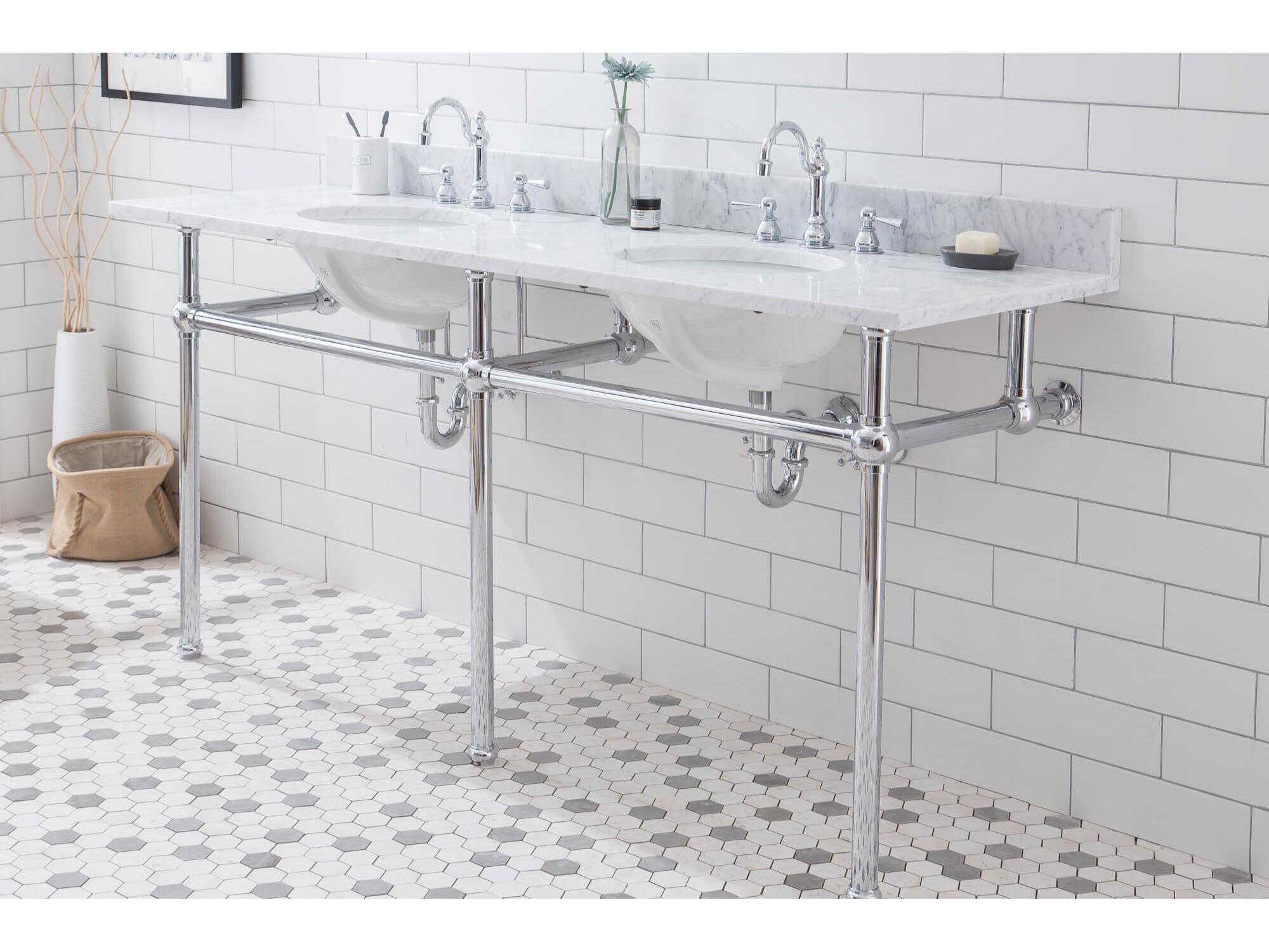 Water Creation Embassy Double Wash Stand, P-Trap, Carrara White Marble Countertop with Oval Basins, and Hook Faucets in Chrome Finish