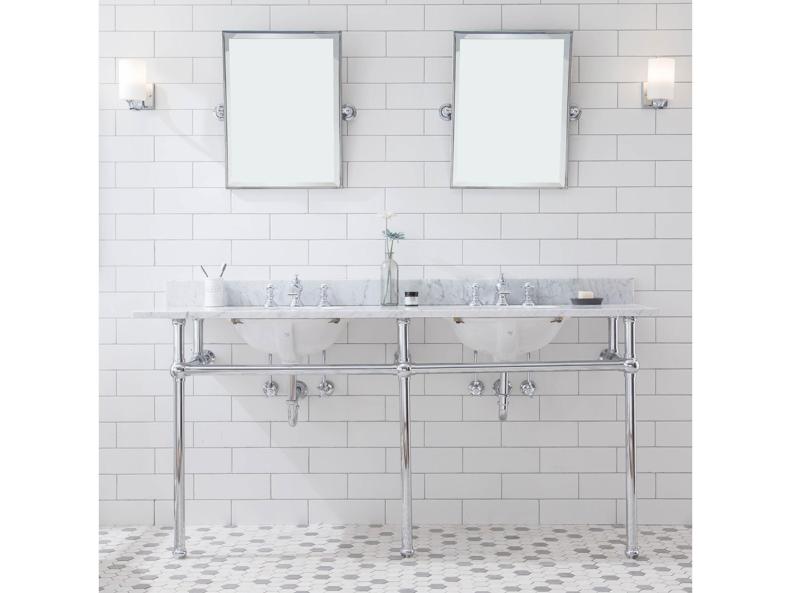 Water Creation Embassy Double Wash Stand, P-Trap, Carrara White Marble Countertop with Oval Basins, and Waterfall Faucets in Chrome Finish