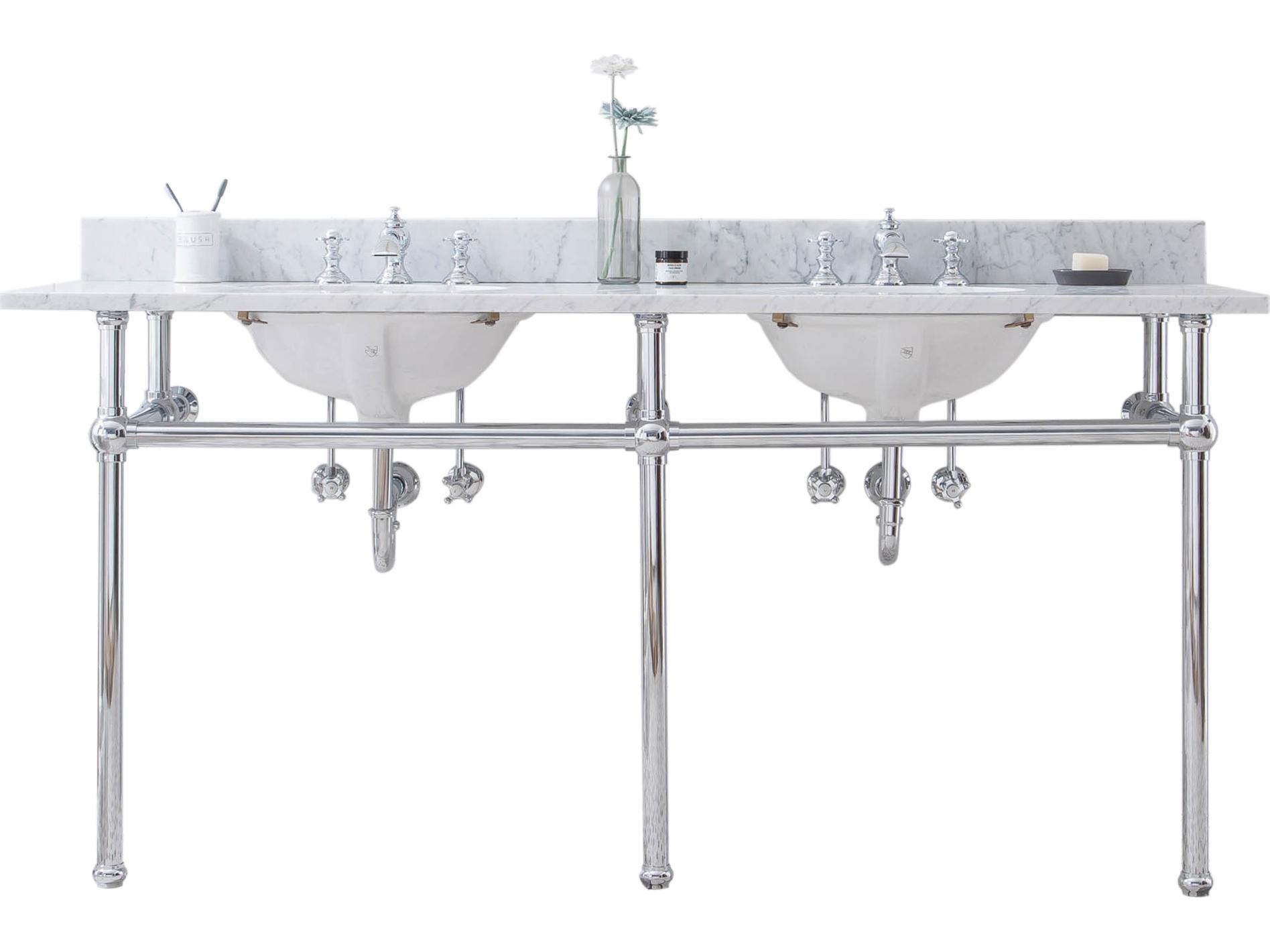 Water Creation Embassy Double Wash Stand, P-Trap, Carrara White Marble Countertop with Oval Basins, and Waterfall Faucets in Chrome Finish