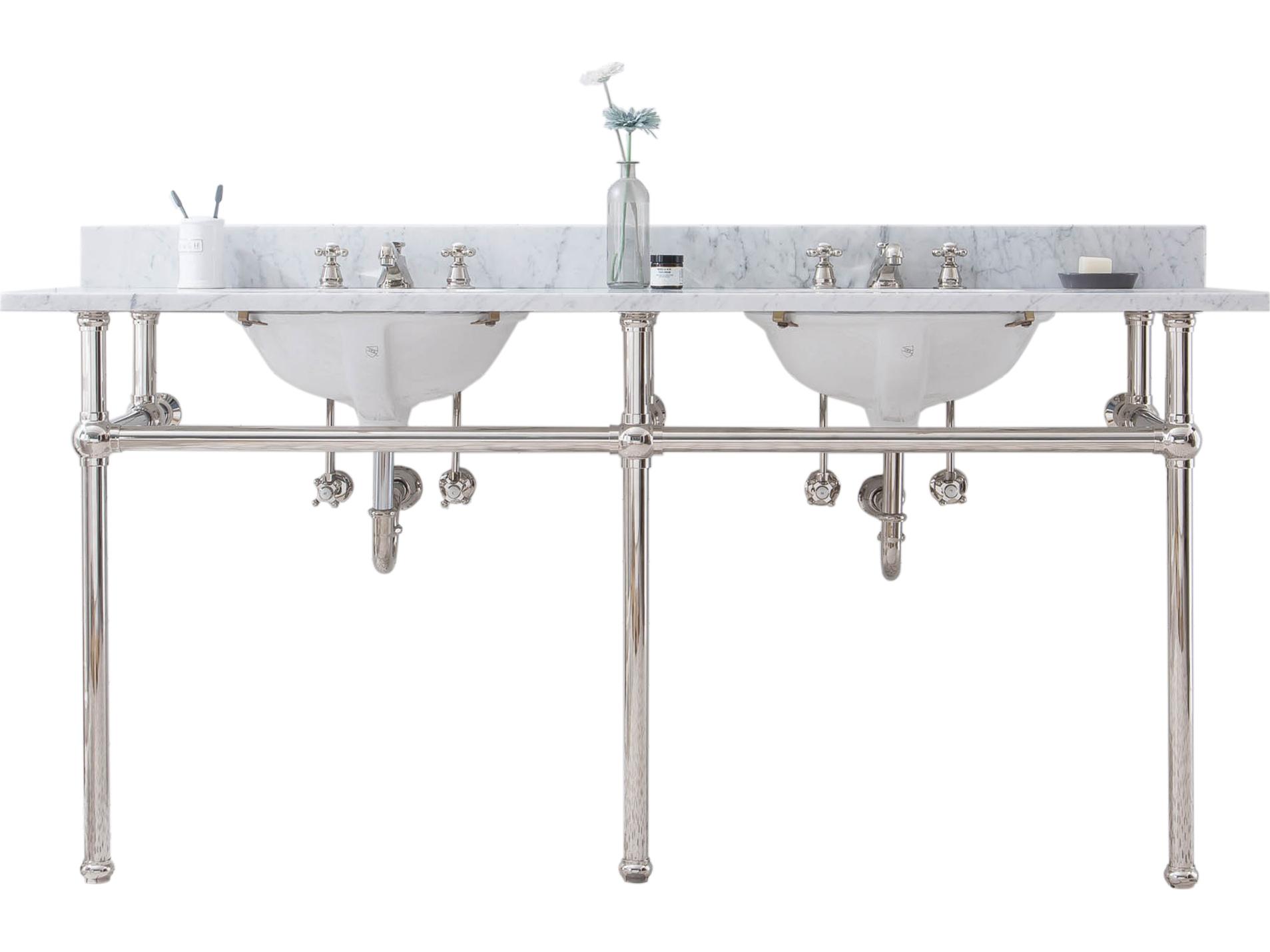 Water Creation Embassy Double Wash Stand, P-Trap, Carrara White Marble Countertop with Oval Basins, and Classic Faucets in Polished Nickel Finish