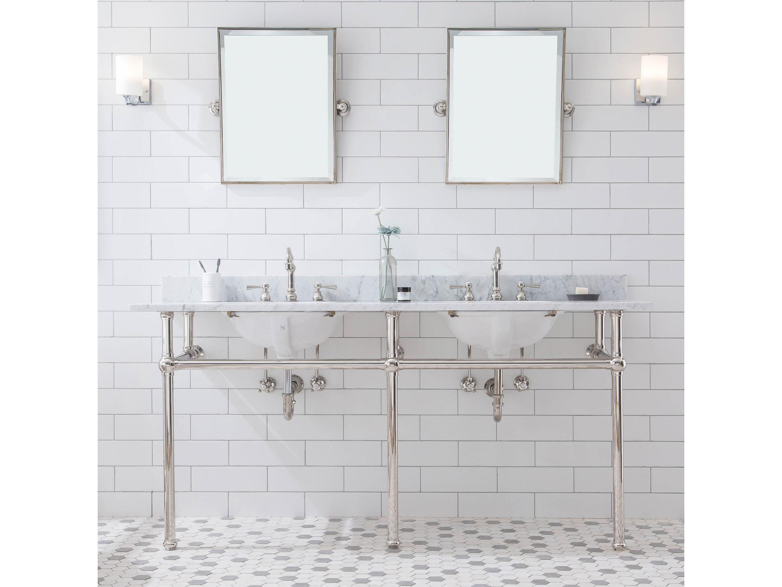 Water Creation Embassy Double Wash Stand, P-Trap, Carrara White Marble Countertop with Oval Basins, and Hook Faucets in Polished Nickel (PVD) Finish