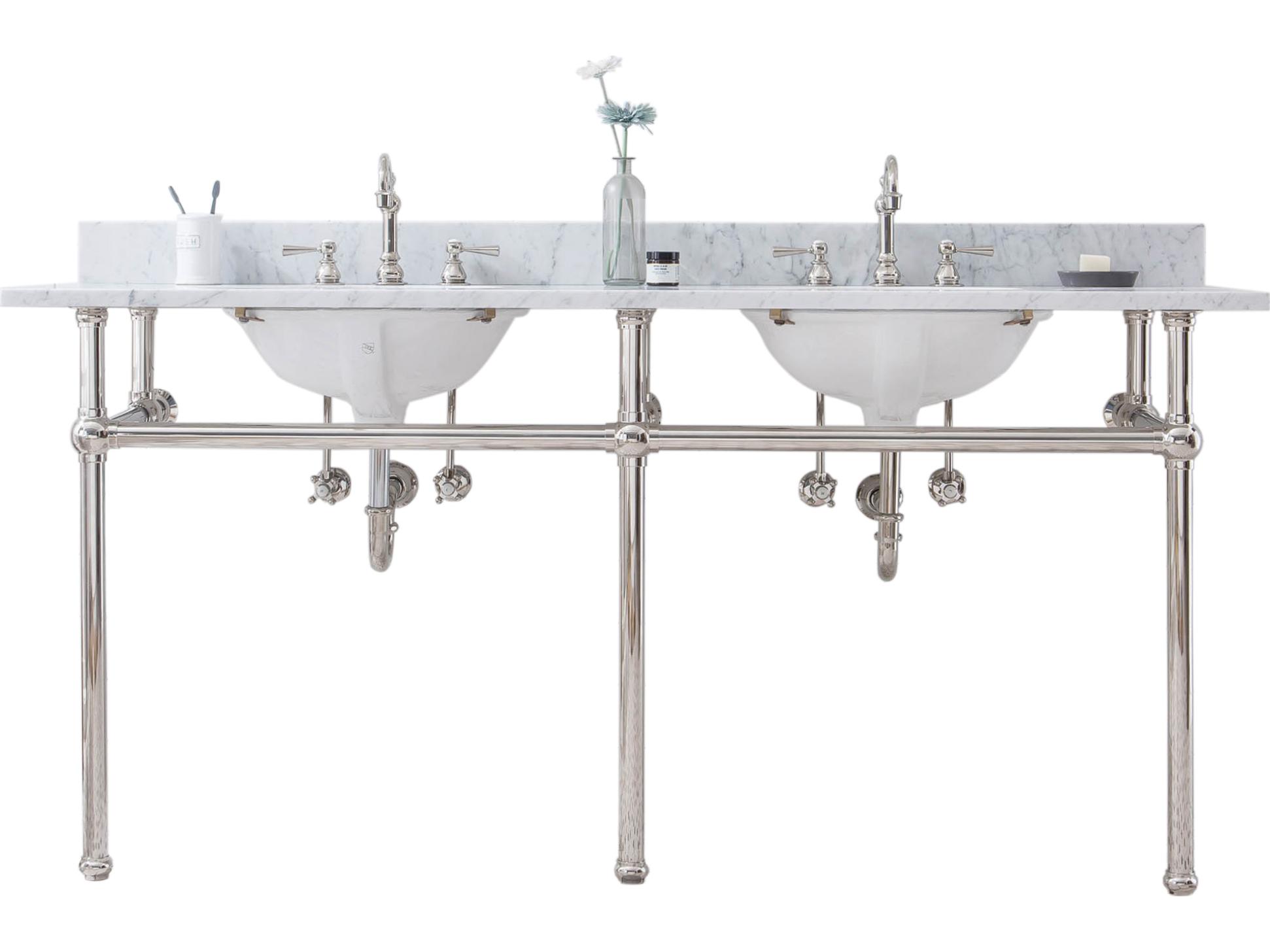 Water Creation Embassy Double Wash Stand, P-Trap, Carrara White Marble Countertop with Oval Basins, and Hook Faucets in Polished Nickel (PVD) Finish