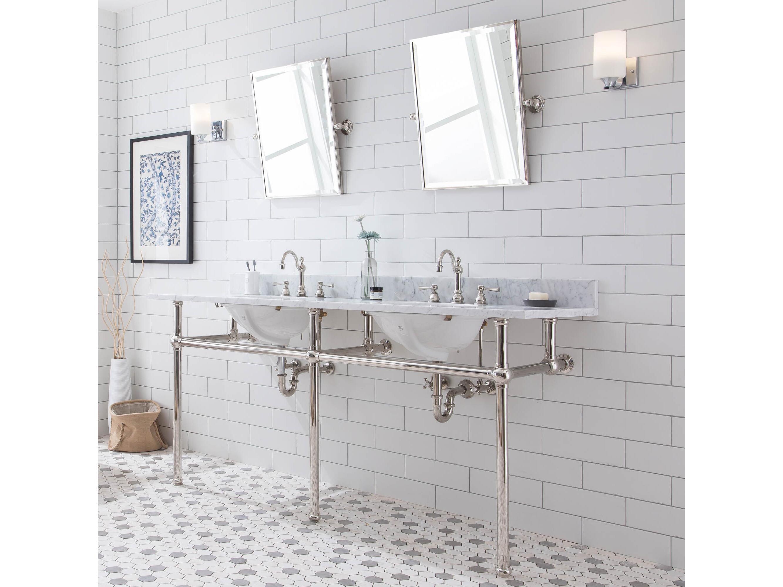 Water Creation Embassy Double Wash Stand, P-Trap, Carrara White Marble Countertop with Oval Basins, and Hook Faucets in Polished Nickel (PVD) Finish