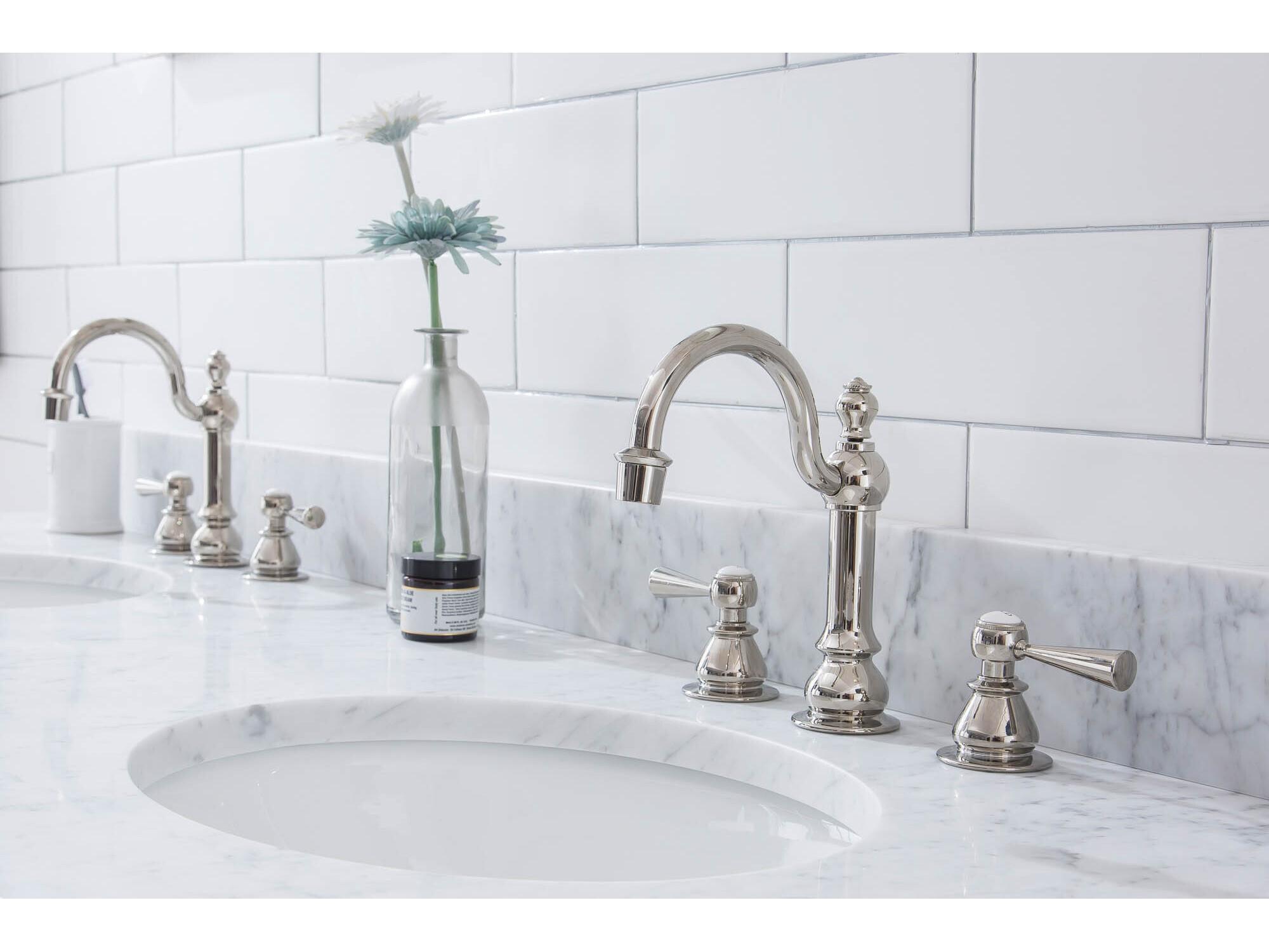Water Creation Embassy Double Wash Stand, P-Trap, Carrara White Marble Countertop with Oval Basins, and Hook Faucets in Polished Nickel (PVD) Finish