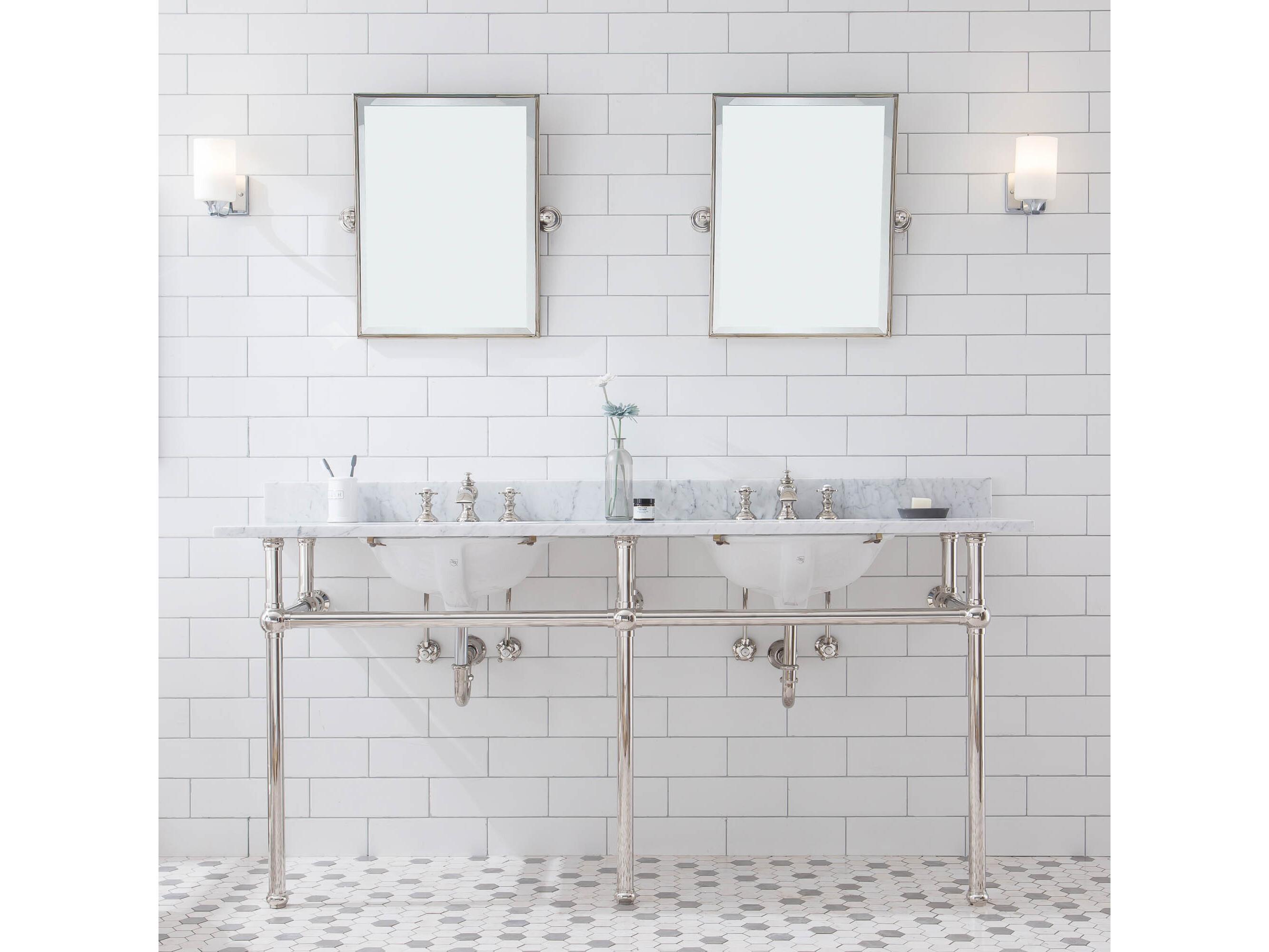Water Creation Embassy Double Wash Stand, P-Trap, Carrara White Marble Countertop with Oval Basins, and Waterfall Faucets in Polished Nickel (PVD) Finish