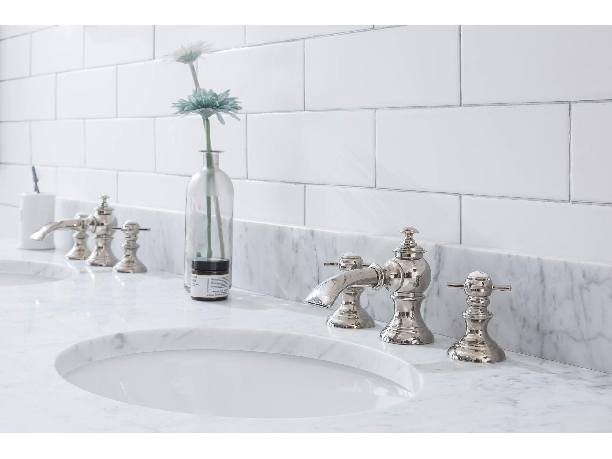 Water Creation Embassy Double Wash Stand, P-Trap, Carrara White Marble Countertop with Oval Basins, and Waterfall Faucets in Polished Nickel (PVD) Finish