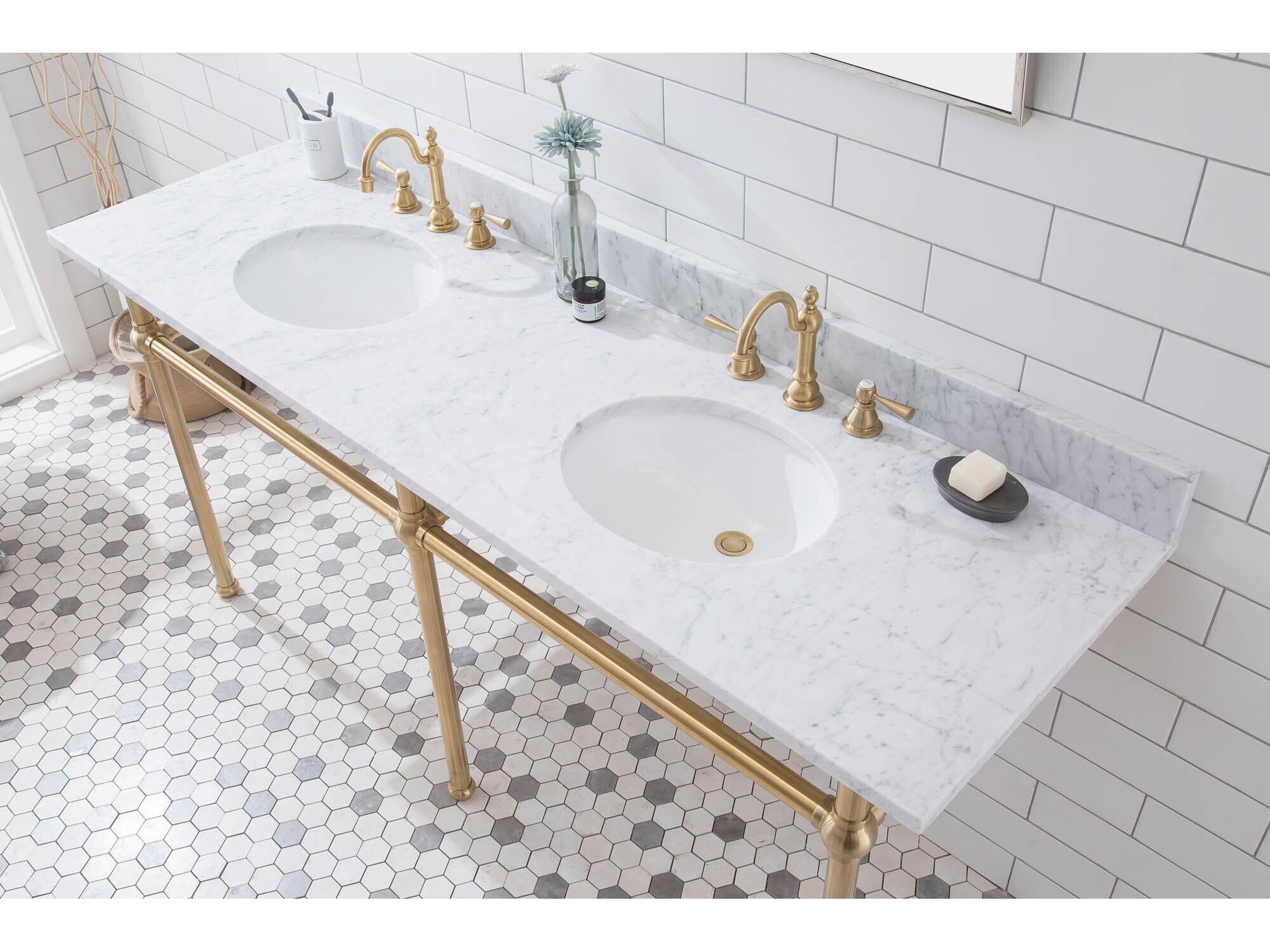Water Creation Embassy Double Wash Stand, P-Trap, Carrara White Marble Countertop with Oval Basins, and Hook Faucets in Satin Gold Finish