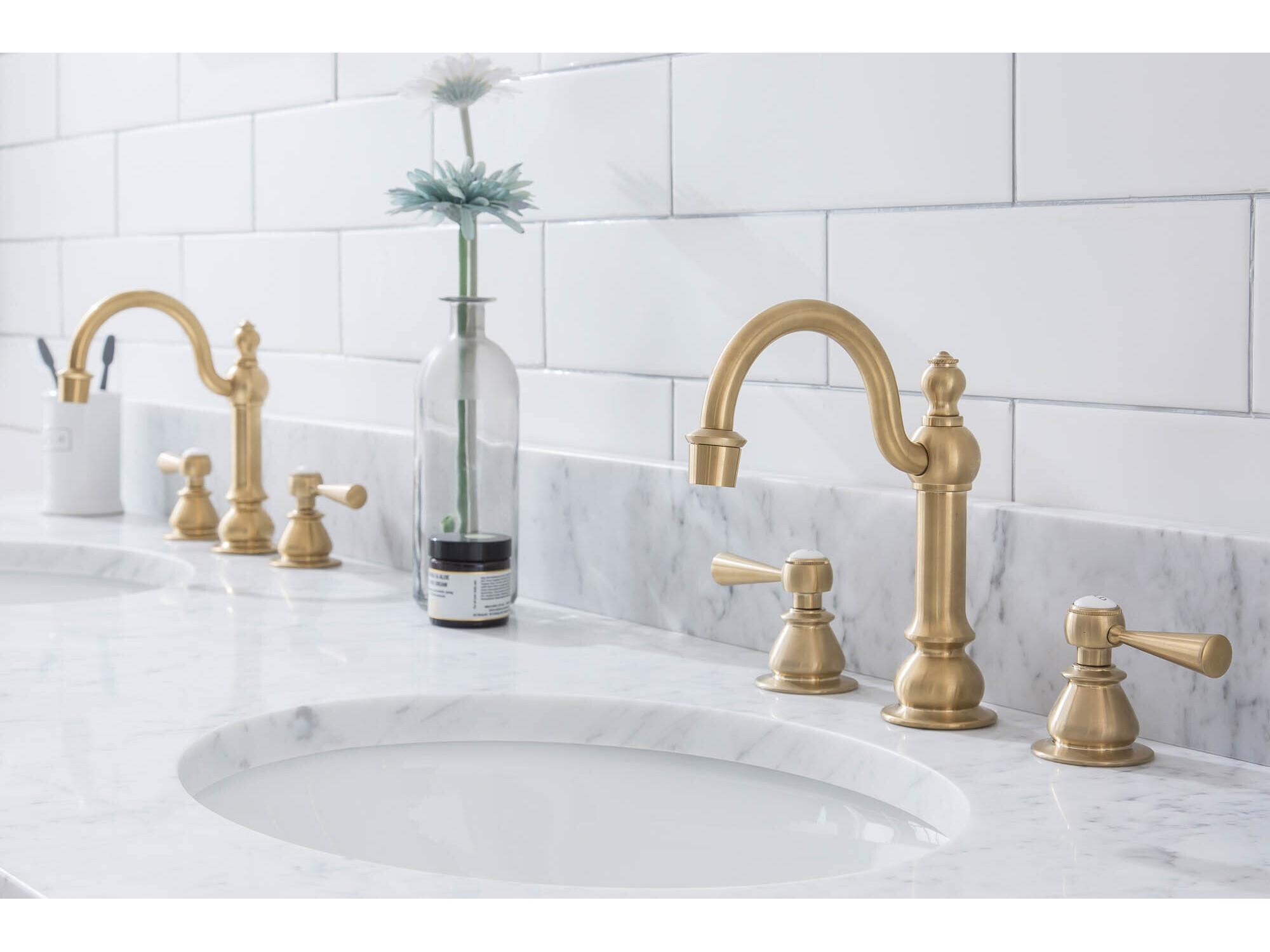 Water Creation Embassy Double Wash Stand, P-Trap, Carrara White Marble Countertop with Oval Basins, and Hook Faucets in Satin Gold Finish