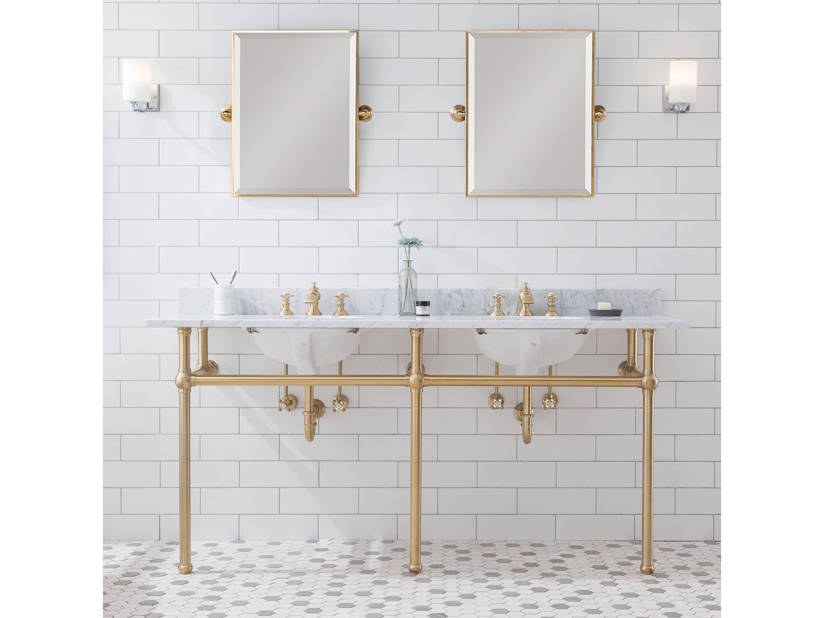 Water Creation Embassy Double Wash Stand, P-Trap, Carrara White Marble Countertop with Oval Basins, and Waterfall Faucets in Satin Gold Finish