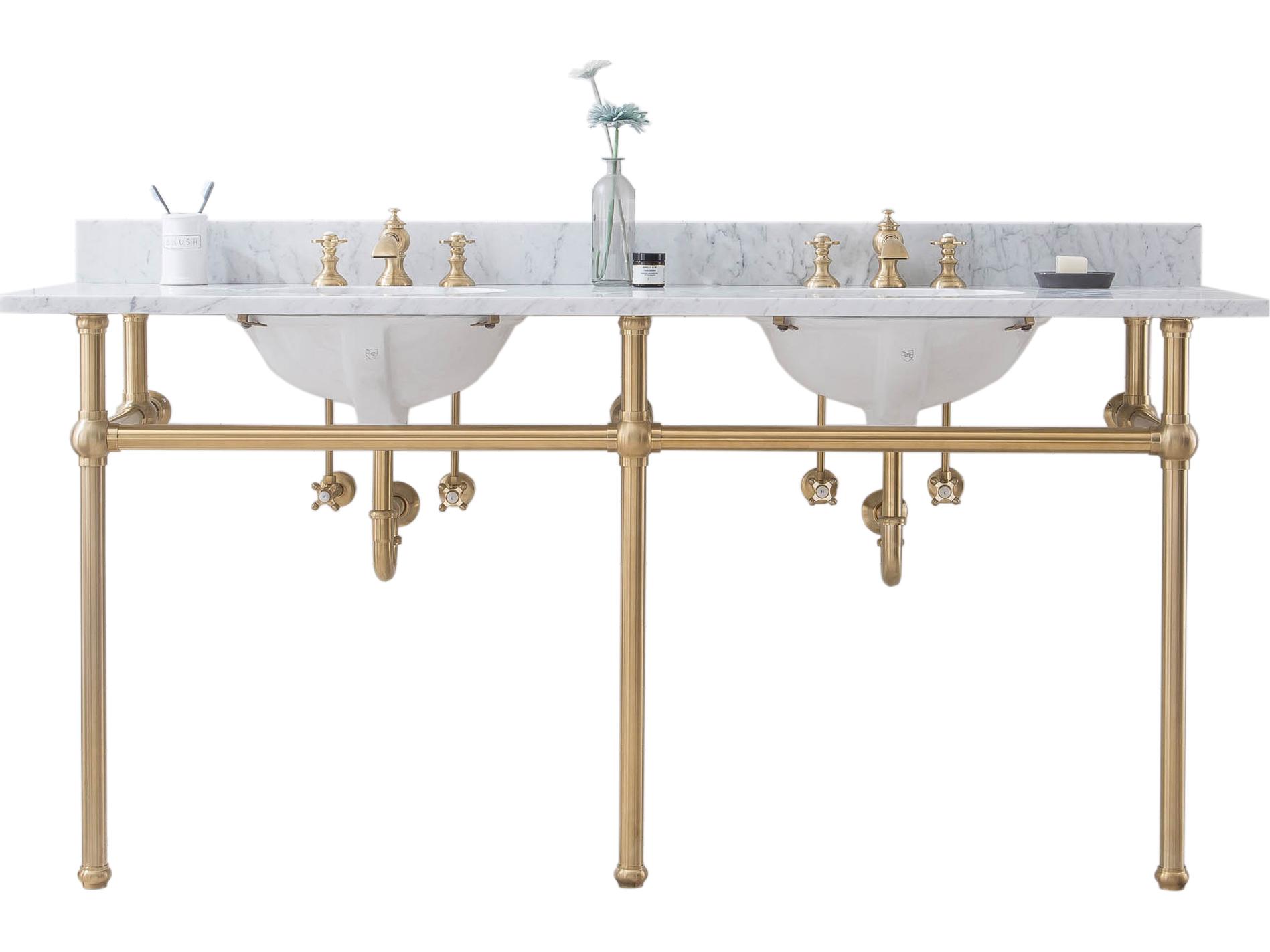Water Creation Embassy Double Wash Stand, P-Trap, Carrara White Marble Countertop with Oval Basins, and Waterfall Faucets in Satin Gold Finish