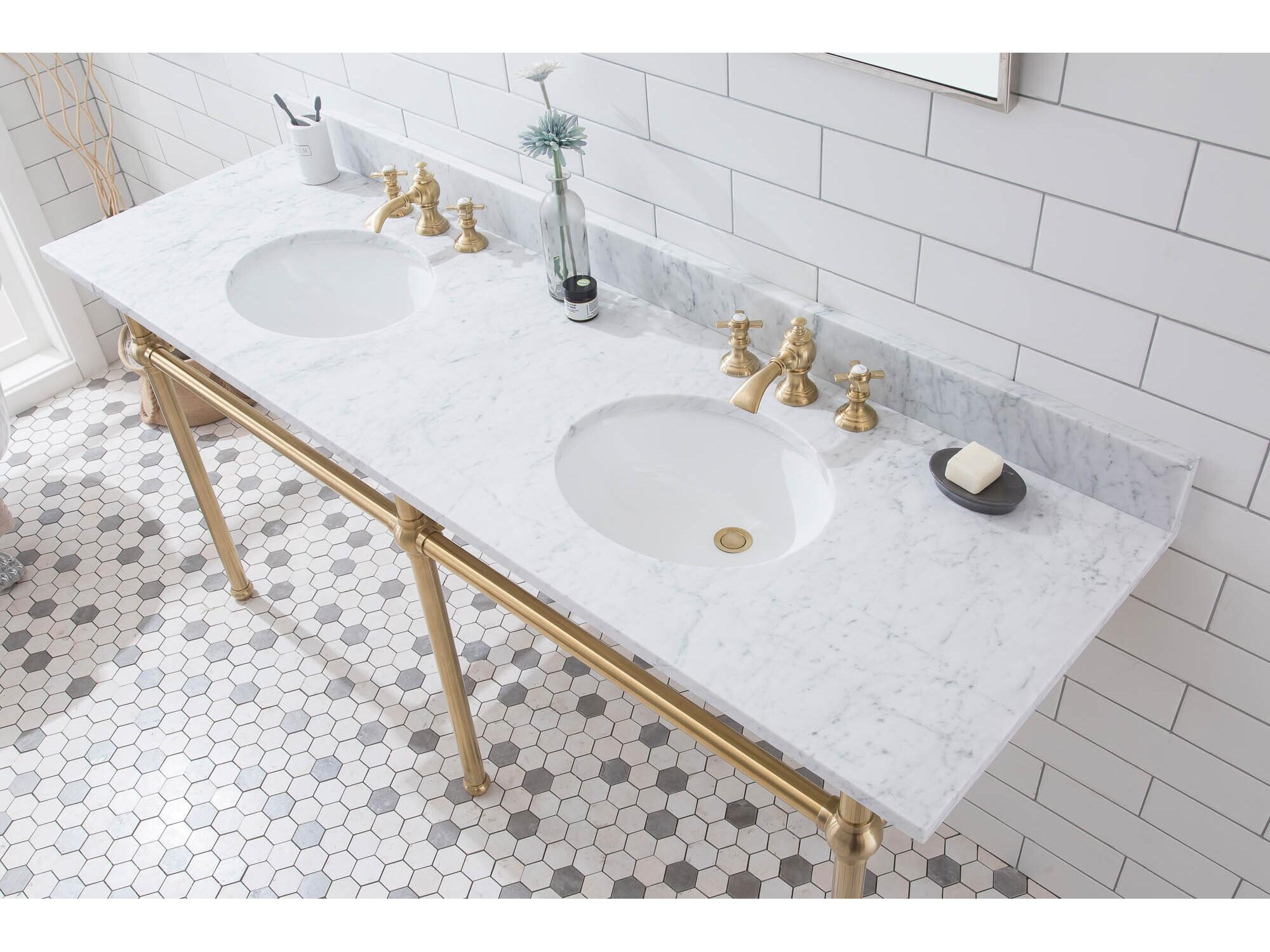 Water Creation Embassy Double Wash Stand, P-Trap, Carrara White Marble Countertop with Oval Basins, and Waterfall Faucets in Satin Gold Finish