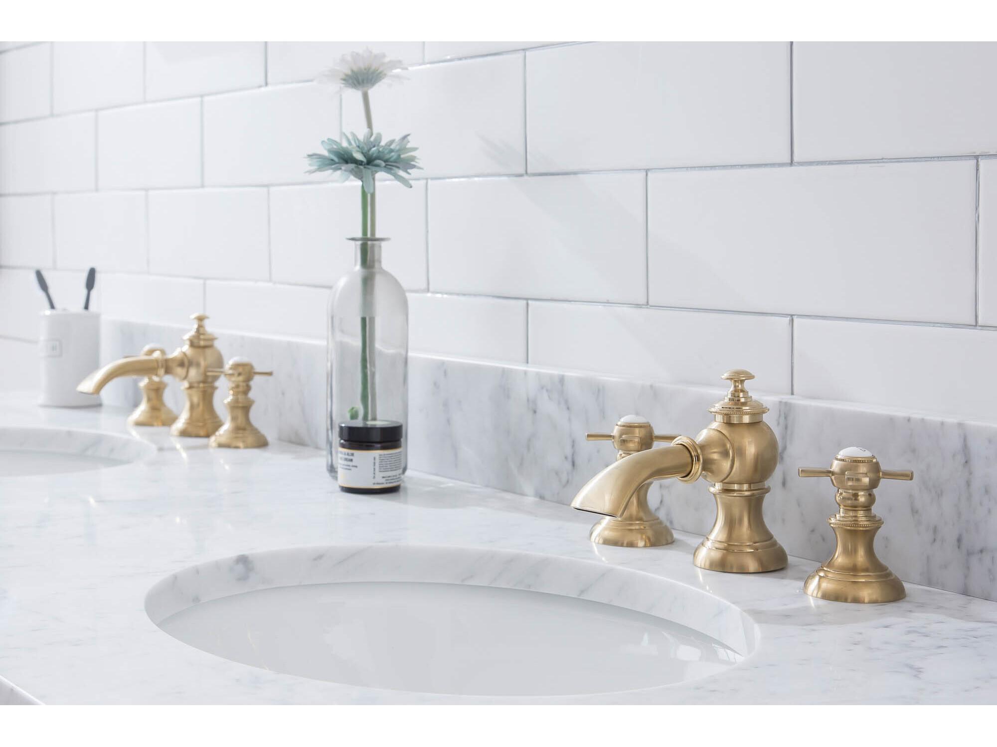 Water Creation Embassy Double Wash Stand, P-Trap, Carrara White Marble Countertop with Oval Basins, and Waterfall Faucets in Satin Gold Finish