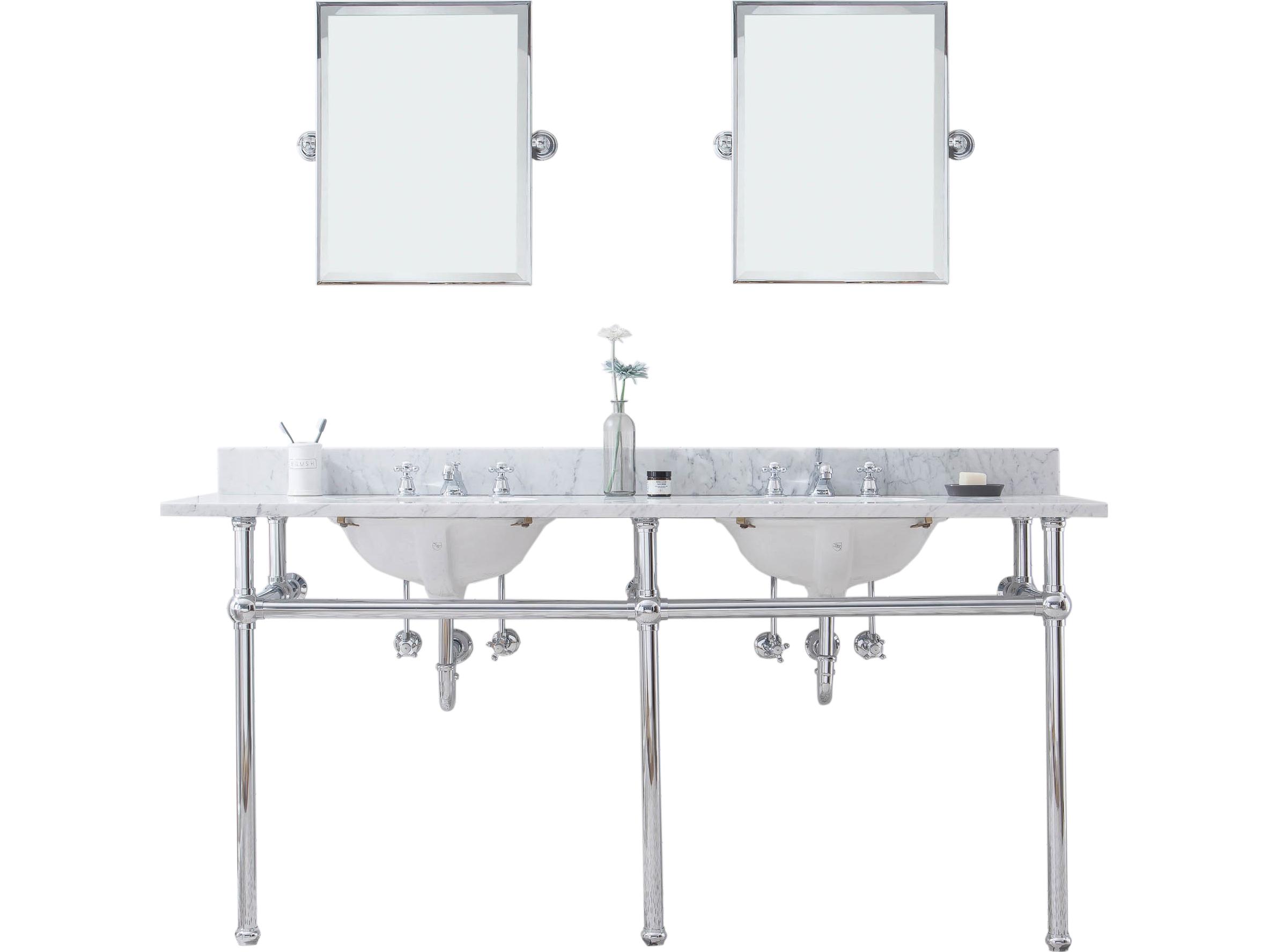 Water Creation Embassy Double Wash Stand, P-Trap, Carrara White Marble Countertop with Oval Basins, Classic Faucets and Rectangular Pivot Mirrors in Chrome Finish