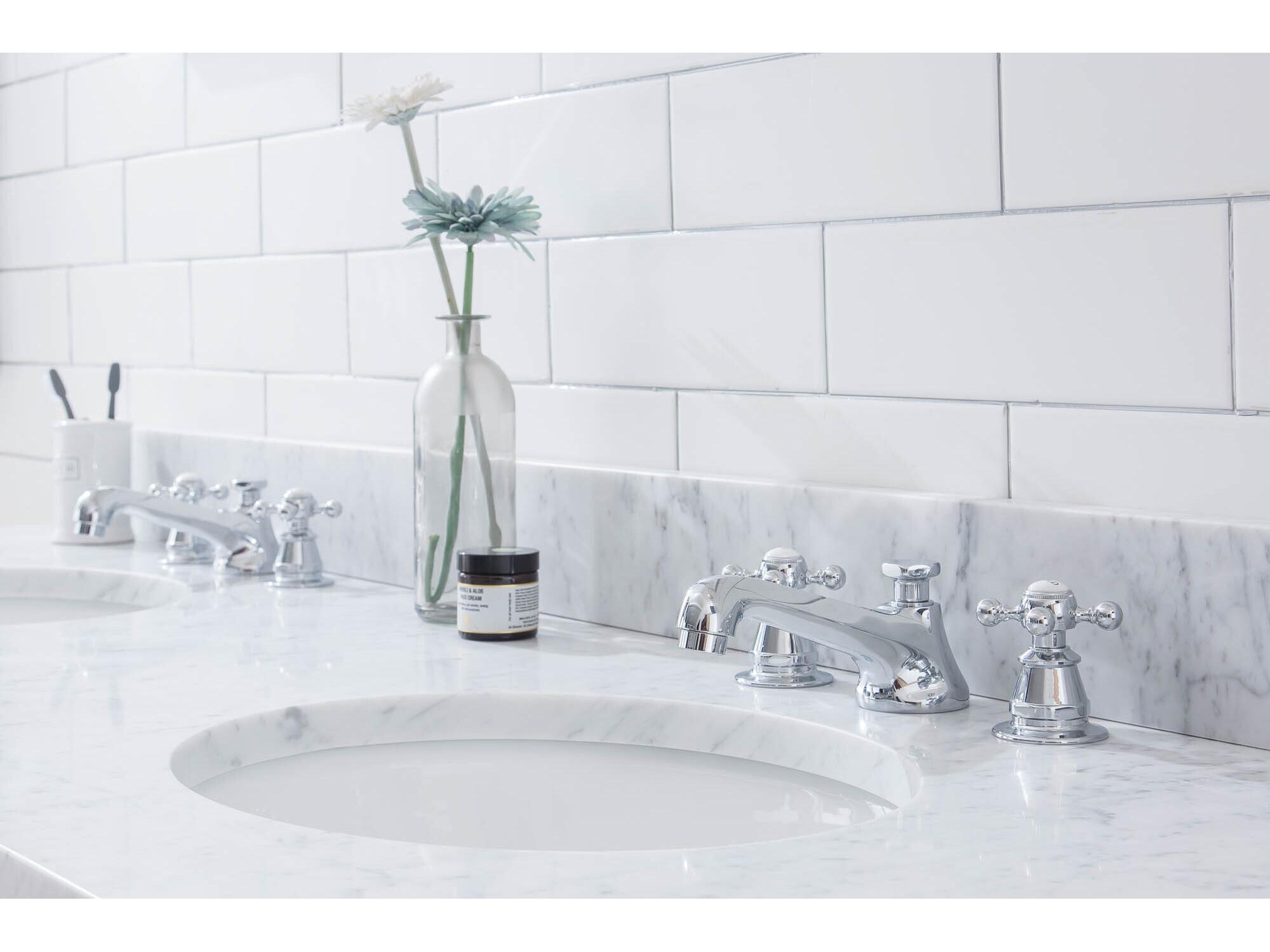 Water Creation Embassy Double Wash Stand, P-Trap, Carrara White Marble Countertop with Oval Basins, Classic Faucets and Rectangular Pivot Mirrors in Chrome Finish