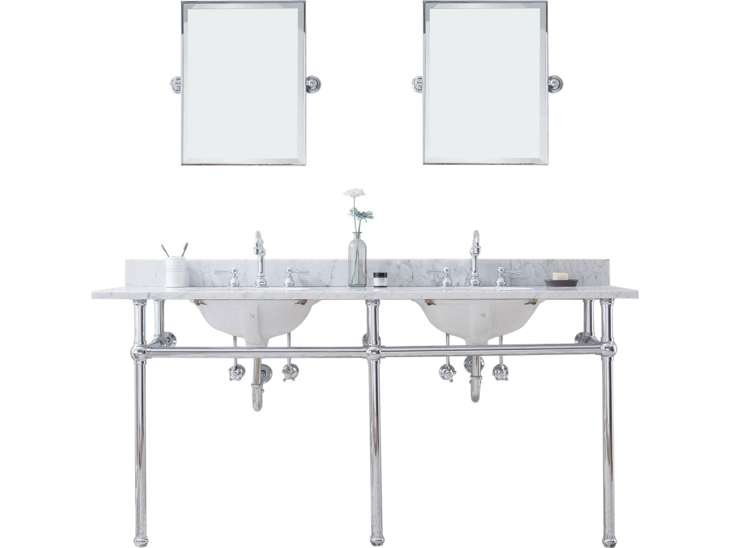 Water Creation Embassy Double Wash Stand, P-Trap, Carrara White Marble Countertop with Oval Basins, Hook Faucets and Rectangular Pivot Mirrors in Chrome Finish