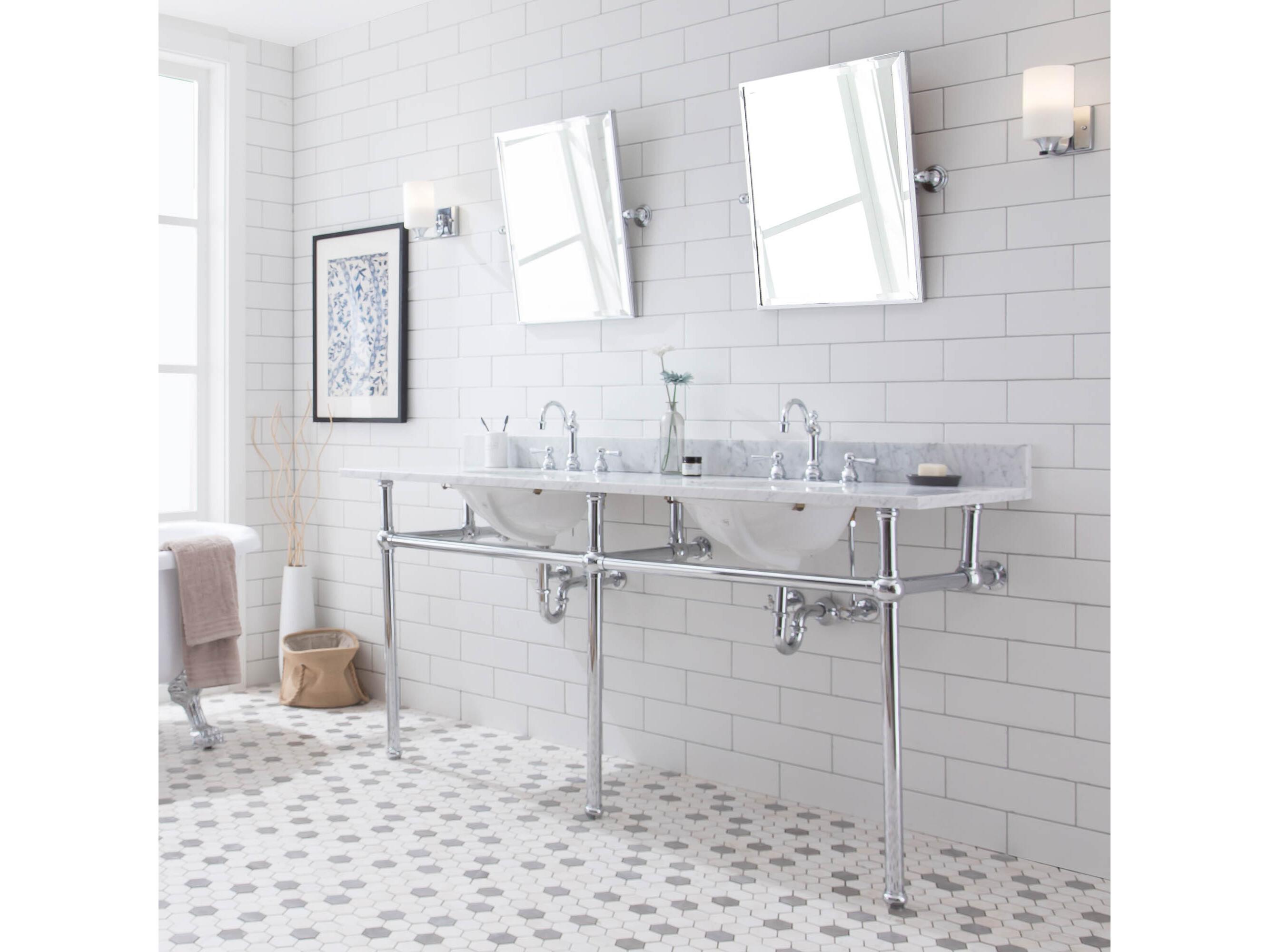 Water Creation Embassy Double Wash Stand, P-Trap, Carrara White Marble Countertop with Oval Basins, Hook Faucets and Rectangular Pivot Mirrors in Chrome Finish