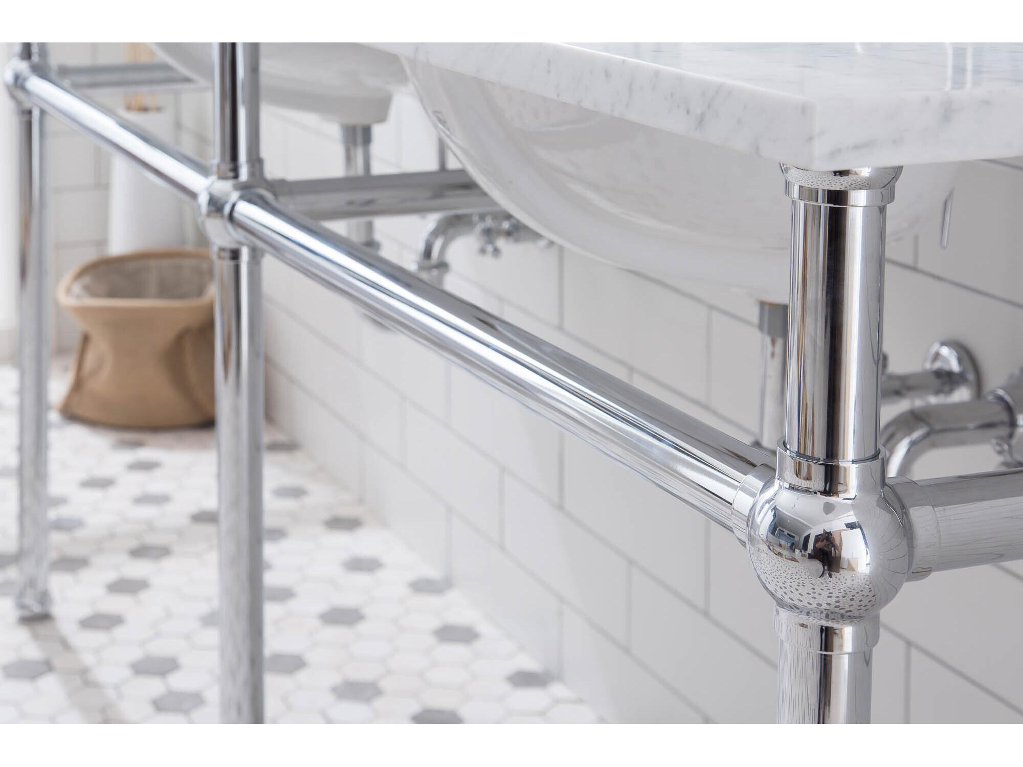 Water Creation Embassy Double Wash Stand, P-Trap, Carrara White Marble Countertop with Oval Basins, Hook Faucets and Rectangular Pivot Mirrors in Chrome Finish