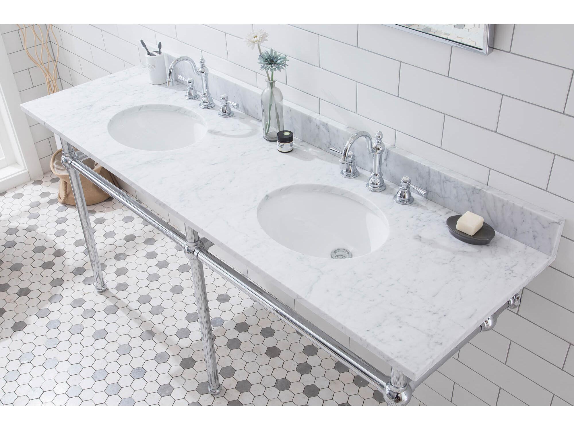 Water Creation Embassy Double Wash Stand, P-Trap, Carrara White Marble Countertop with Oval Basins, Hook Faucets and Rectangular Pivot Mirrors in Chrome Finish