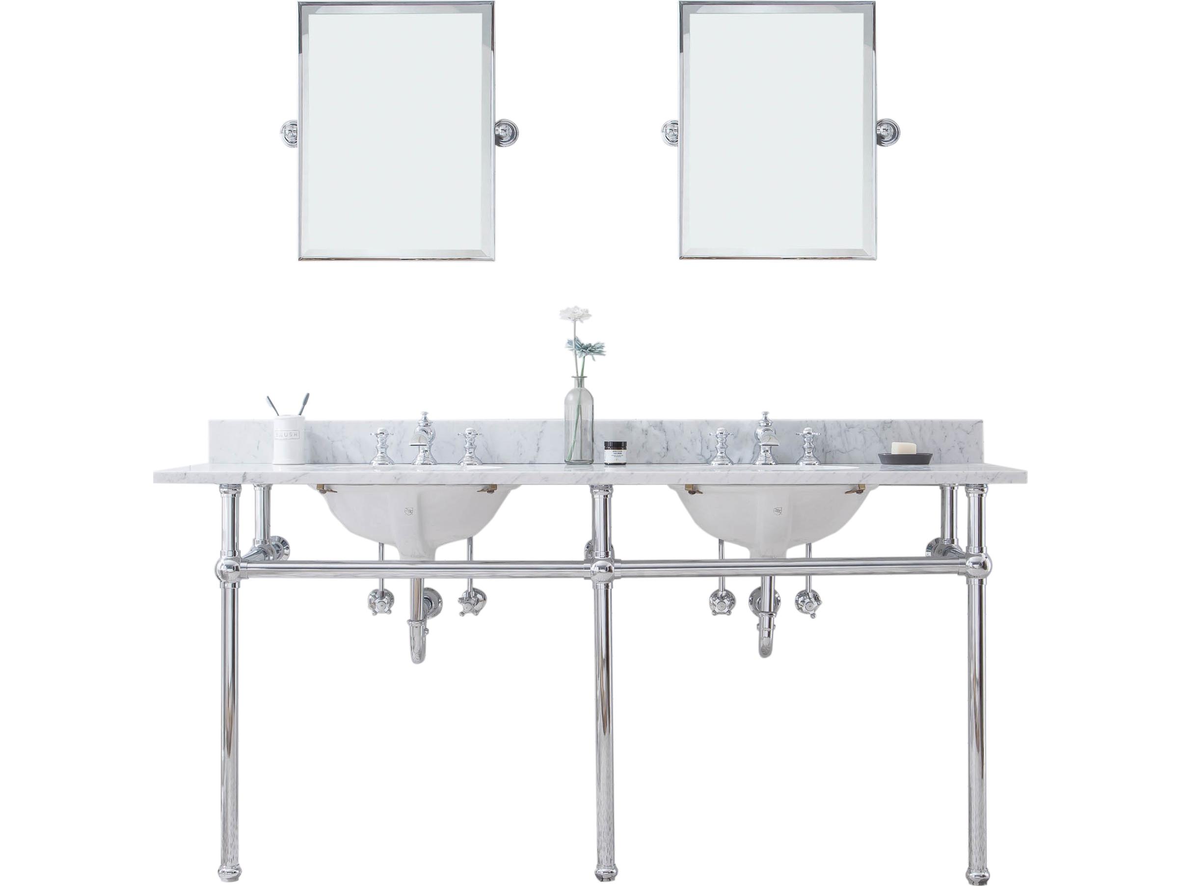 Water Creation Embassy Double Wash Stand, P-Trap, Carrara White Marble Countertop with Oval Basins, Waterfall Faucets and Rectangular Pivot Mirrors in Chrome Finish