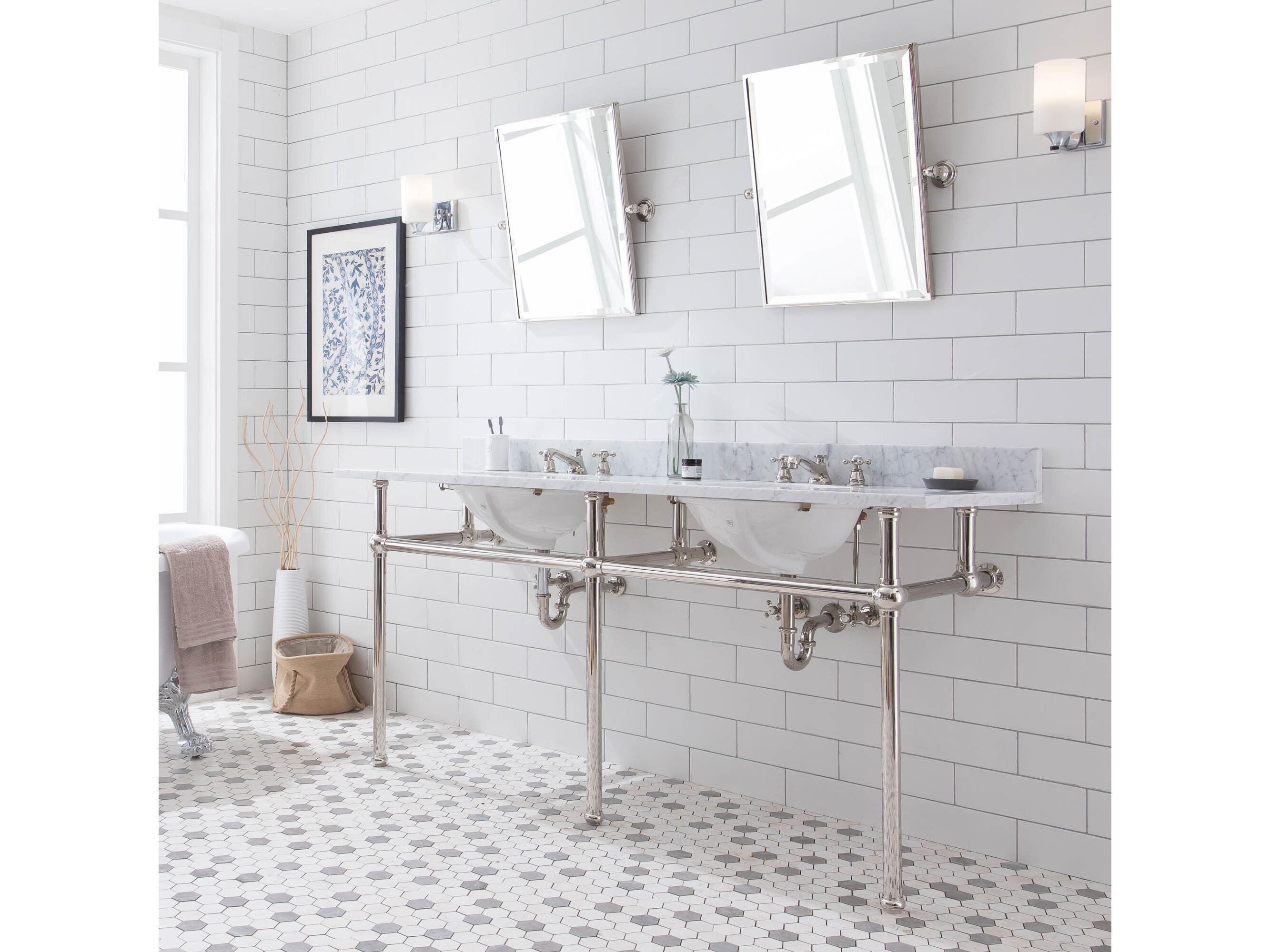 Water Creation Embassy Double Wash Stand, P-Trap, Carrara White Marble Countertop with Oval Basins, Classic Faucets and Rectangular Pivot Mirrors in Polished Nickel Finish