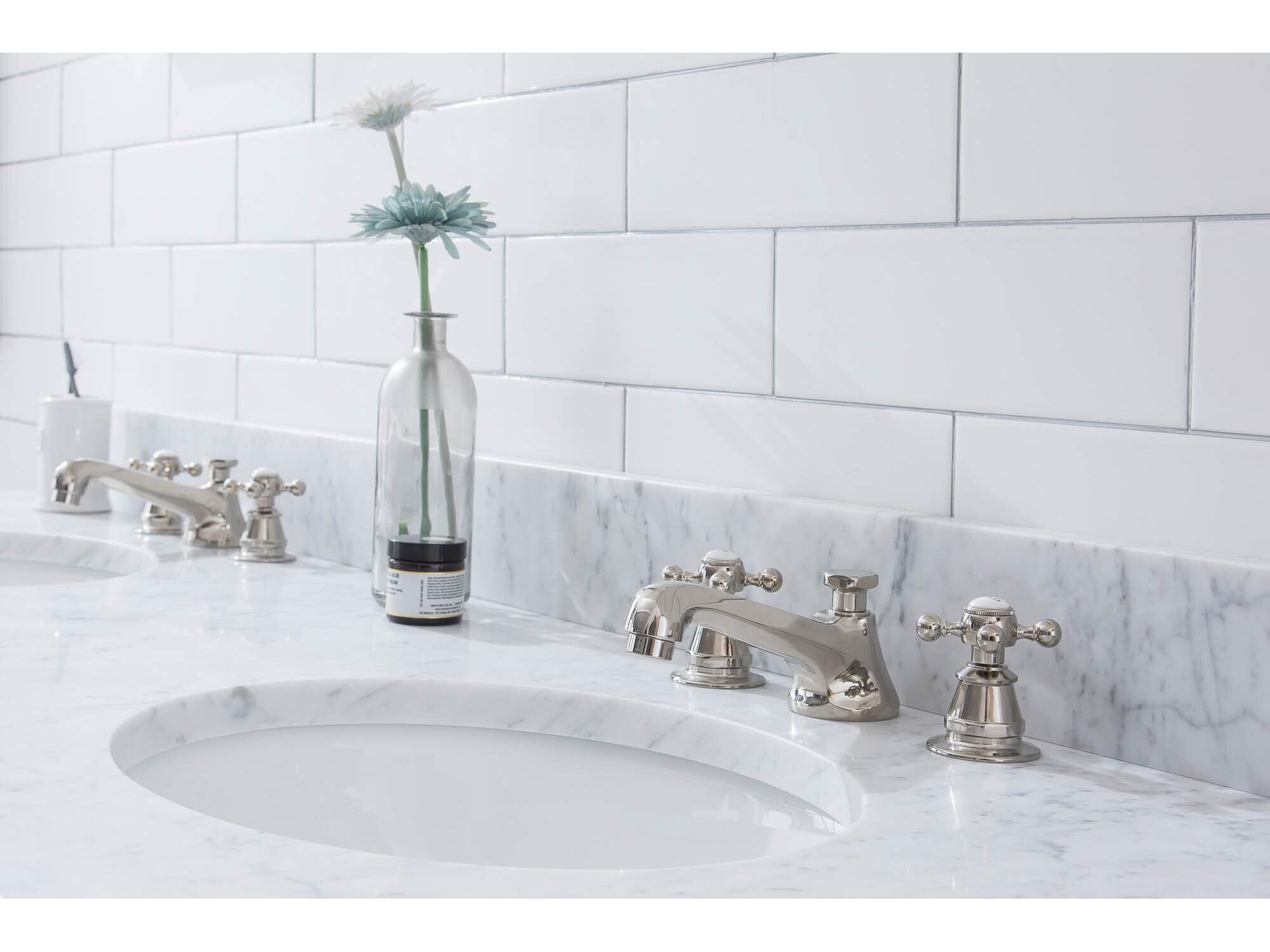 Water Creation Embassy Double Wash Stand, P-Trap, Carrara White Marble Countertop with Oval Basins, Classic Faucets and Rectangular Pivot Mirrors in Polished Nickel Finish
