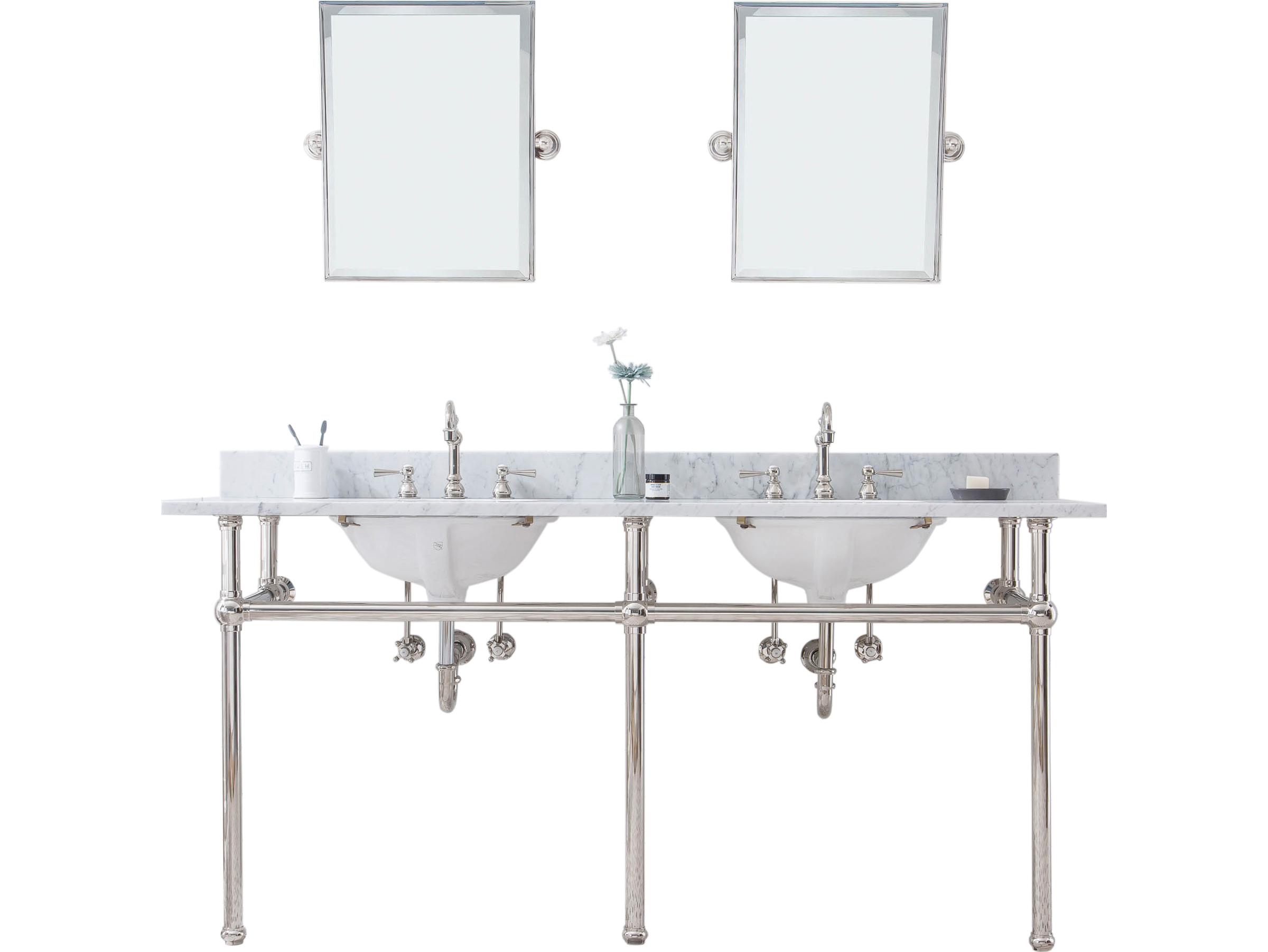 Water Creation Embassy Double Wash Stand, P-Trap, Carrara White Marble Countertop with Oval Basins, Hook Faucets and Rectangular Pivot Mirrors in Polished Nickel (PVD) Finish
