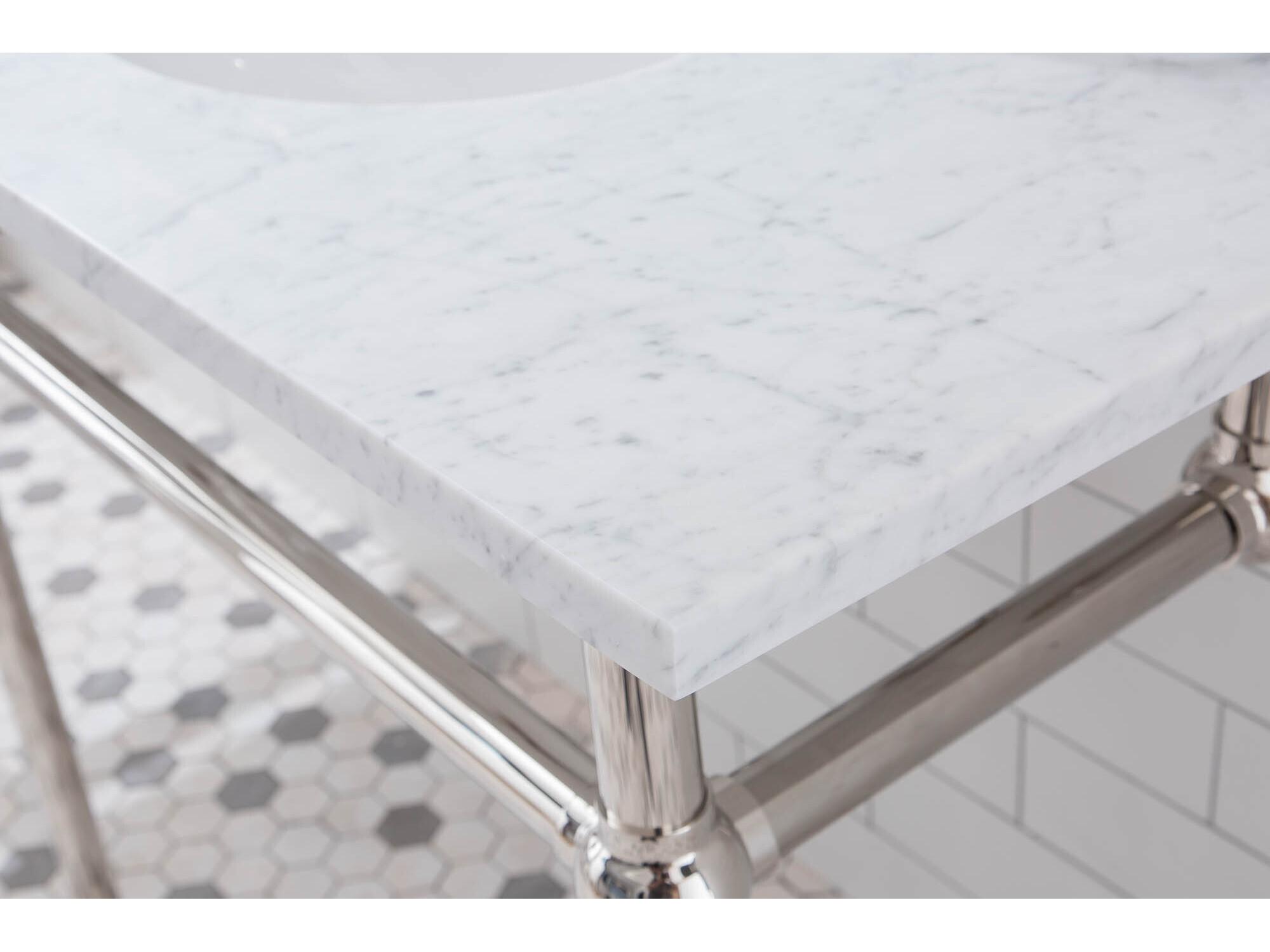 Water Creation Embassy Double Wash Stand, P-Trap, Carrara White Marble Countertop with Oval Basins, Hook Faucets and Rectangular Pivot Mirrors in Polished Nickel (PVD) Finish