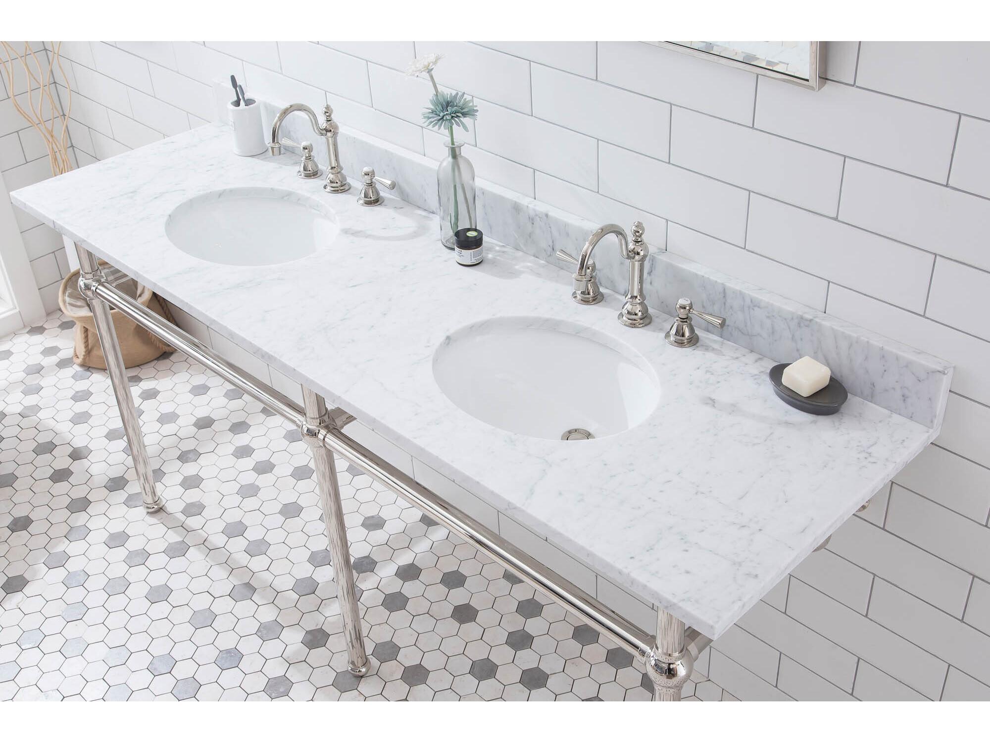 Water Creation Embassy Double Wash Stand, P-Trap, Carrara White Marble Countertop with Oval Basins, Hook Faucets and Rectangular Pivot Mirrors in Polished Nickel (PVD) Finish