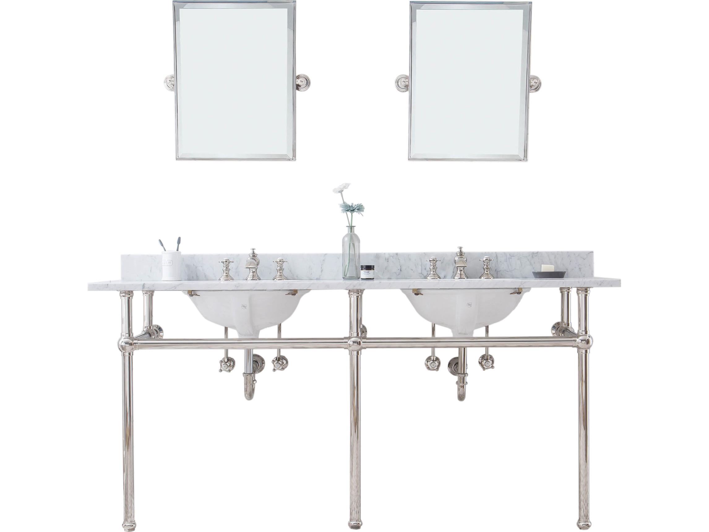 Water Creation Embassy Double Wash Stand, P-Trap, Carrara White Marble Countertop with Oval Basins, Waterfall Faucets and Rectangular Pivot Mirrors in Polished Nickel (PVD) Finish