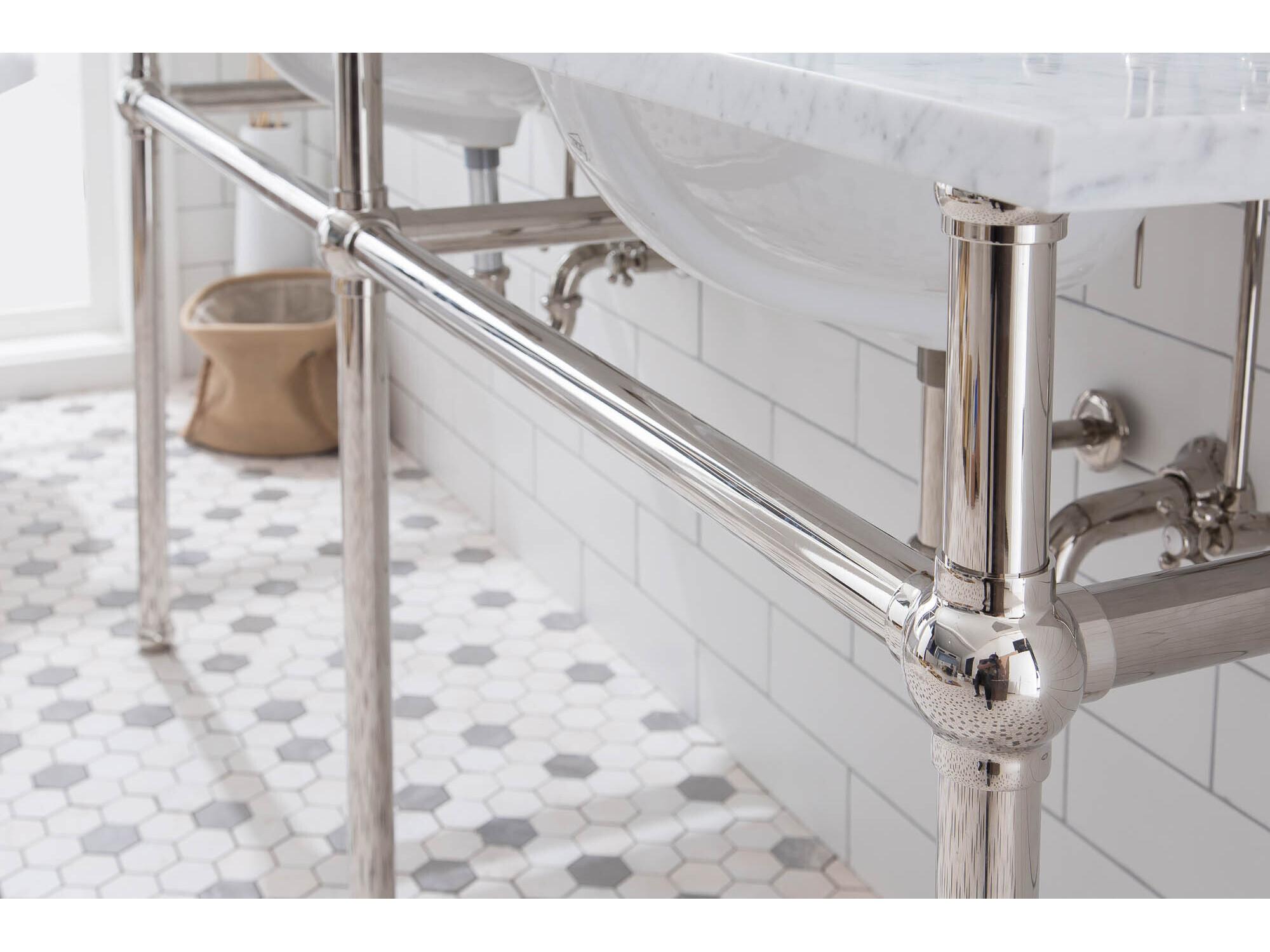 Water Creation Embassy Double Wash Stand, P-Trap, Carrara White Marble Countertop with Oval Basins, Waterfall Faucets and Rectangular Pivot Mirrors in Polished Nickel (PVD) Finish