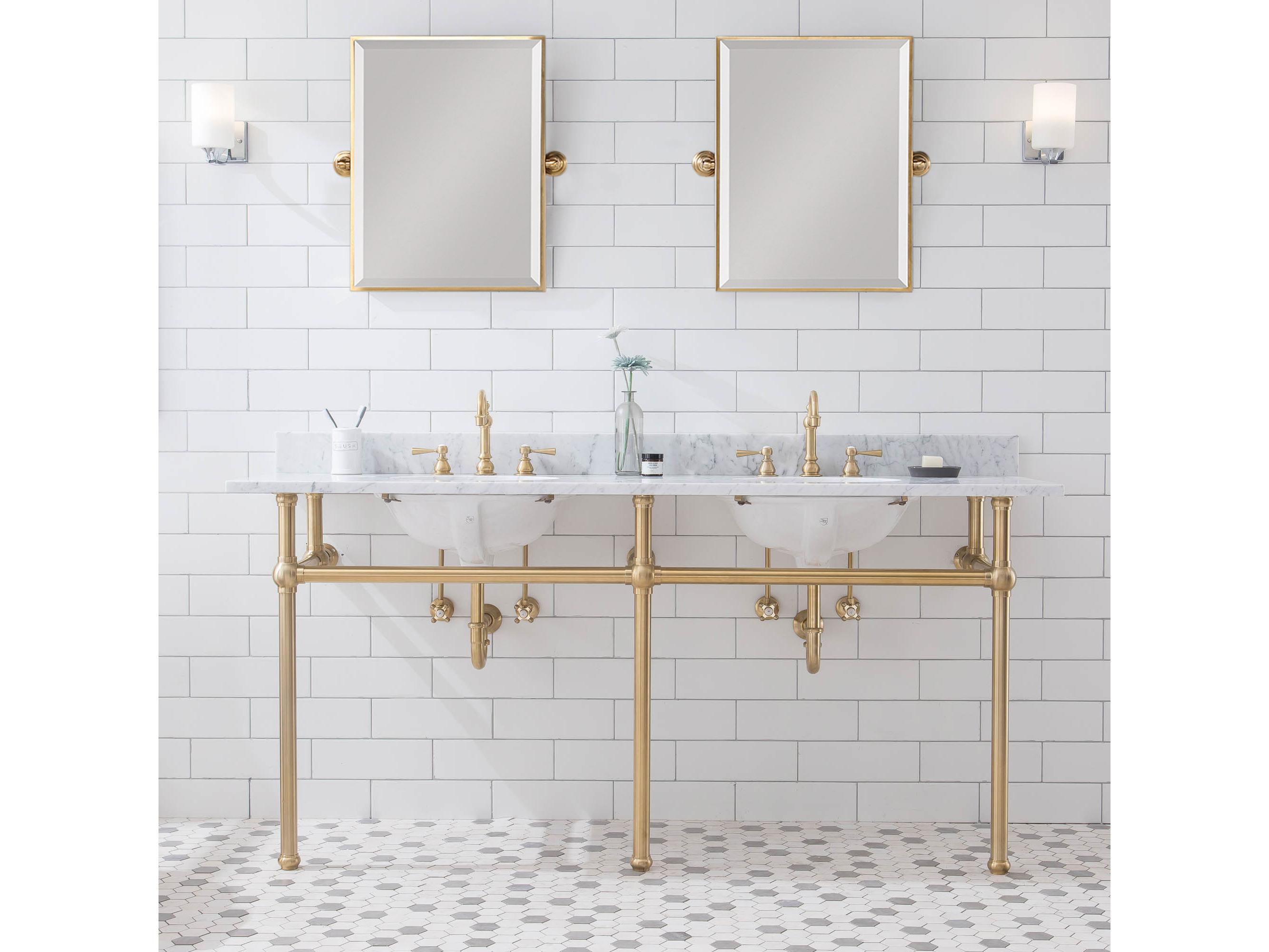 Water Creation Embassy  Double Wash Stand, P-Trap, Carrara White Marble Countertop with Oval Basins, Hook Faucets and Rectangular Pivot Mirrors in Satin Gold Finish