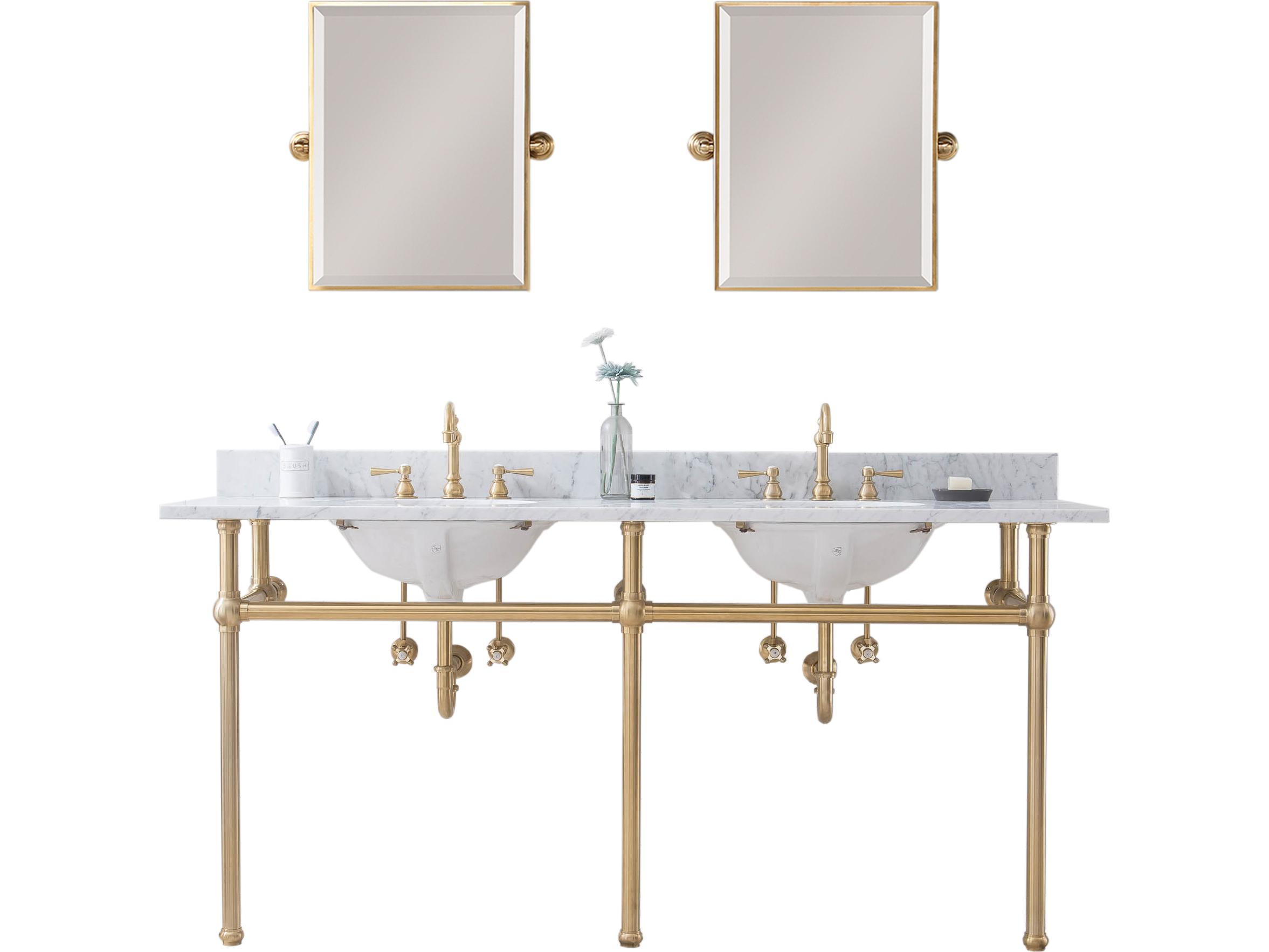 Water Creation Embassy  Double Wash Stand, P-Trap, Carrara White Marble Countertop with Oval Basins, Hook Faucets and Rectangular Pivot Mirrors in Satin Gold Finish